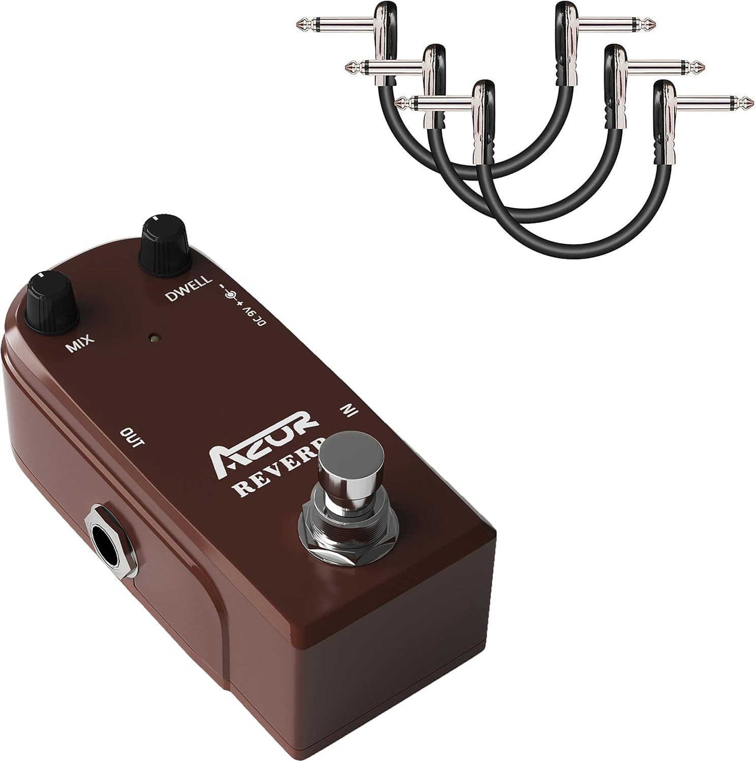 AZOR AP311 Spring Reverb Guitar Effect Pedal with Guitar Patch Cables Right Angle 4 Inch 10cm 1/4 Instrument Cables for Guitar Effects Pedal 3 Pack (Silver)