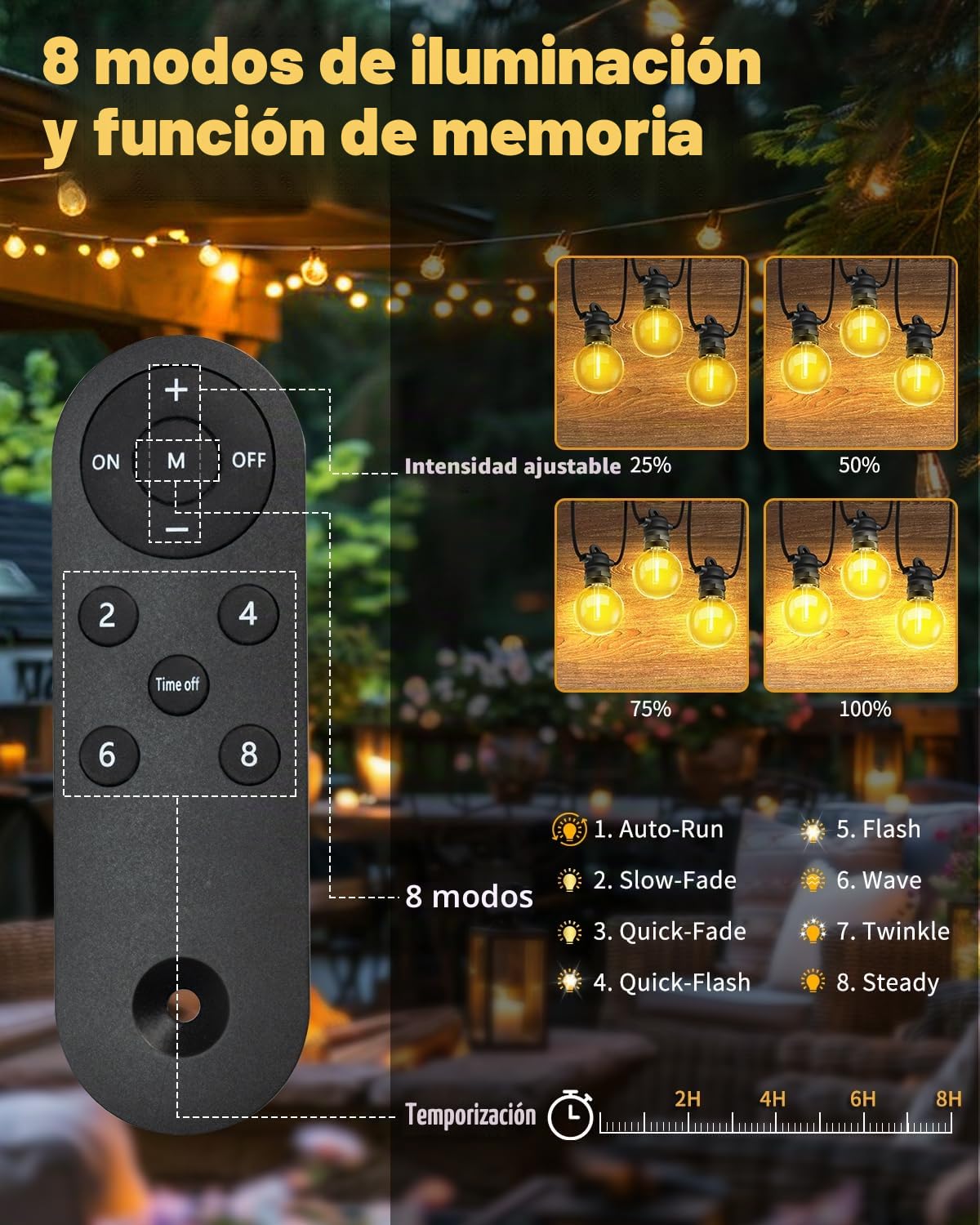Bowfar Cadena de luces solares para exteriores, 15 m, 25 + 2 G40, con mando a distancia, IP68, resistente a la intemperie, 8 modos, iluminación de jardín, balcón, terraza, fiesta, decoración al aire