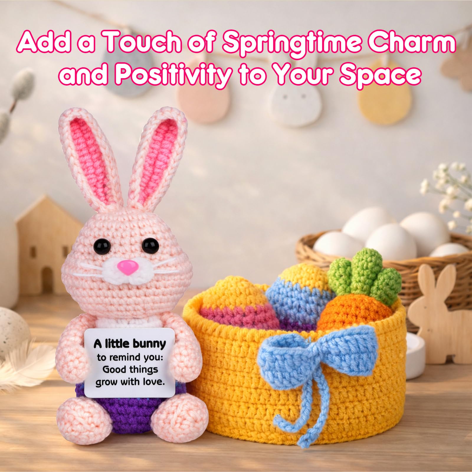 5 Pcs Finished Easter Positive Crochet Animals for Teen Girls & Adults Women, Handmade Filled Easter Basket with Crochet Bunny, Carrot, 2 Eggs, Easter Decoration Gifts Prefilled with Animal Stuffers