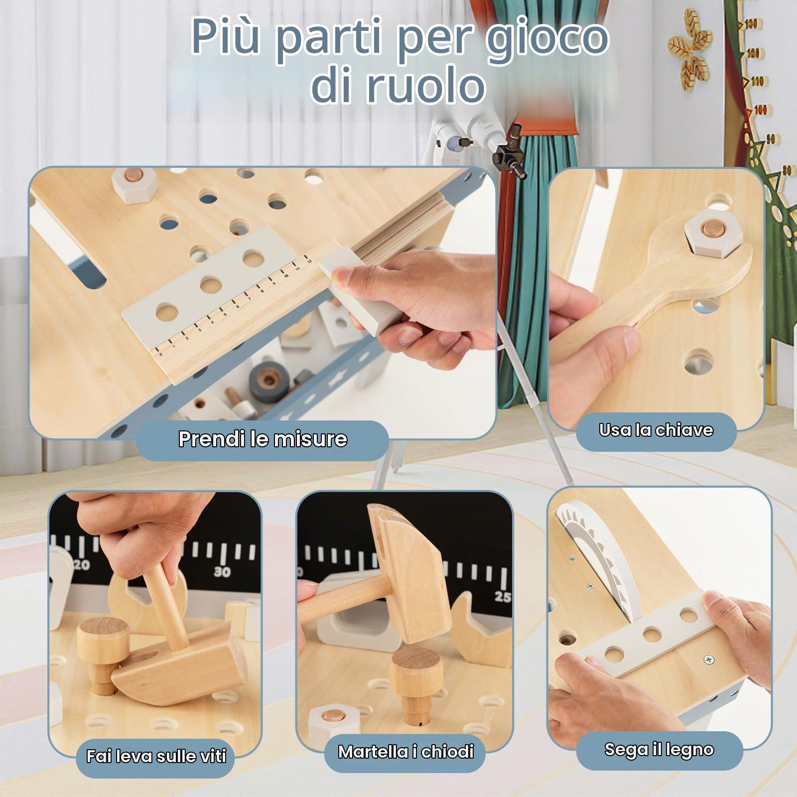 HOMASIS Banco da Lavoro per Bambini, Tavolo Lavoro Bambini in Legno con Lavagna, Banchetto da Lavoro Bambini con Orologio e 61 Accessori, Giocattolo di Costruzione per Bambini, 3+ anni, Blu