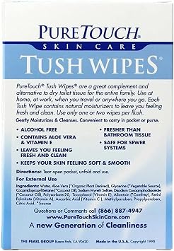 Pure Touch Tush Wipes for Adults 24 Individual Flushable Moist Wipes / 6 boxes 144 Single-Use-Packets