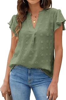 Camiseta Tops Camisa de Mujer Sexy con Cuello en V Top de Verano Blusas Elegantes de Color Sólido Mangas con Volantes, Sueltas, Transpirables