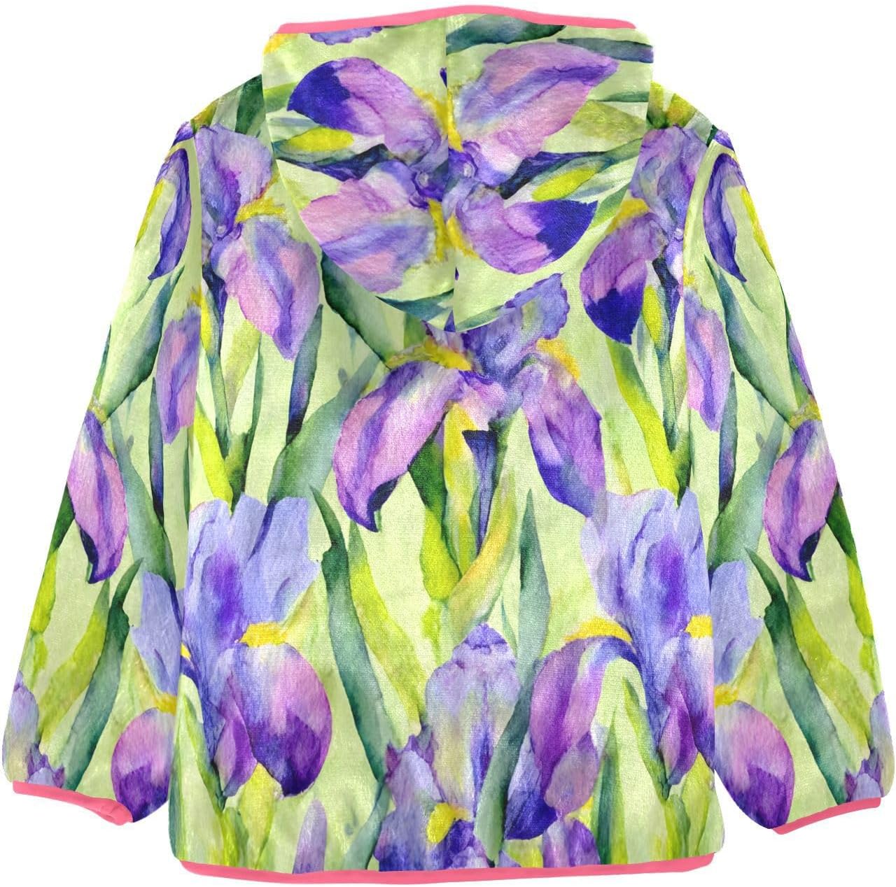 ALAZA Purple Flowers Leaves Hoodie Jacket for Girls Toddler Fleece Zip Up Coat Plush Jacket for 3 Years