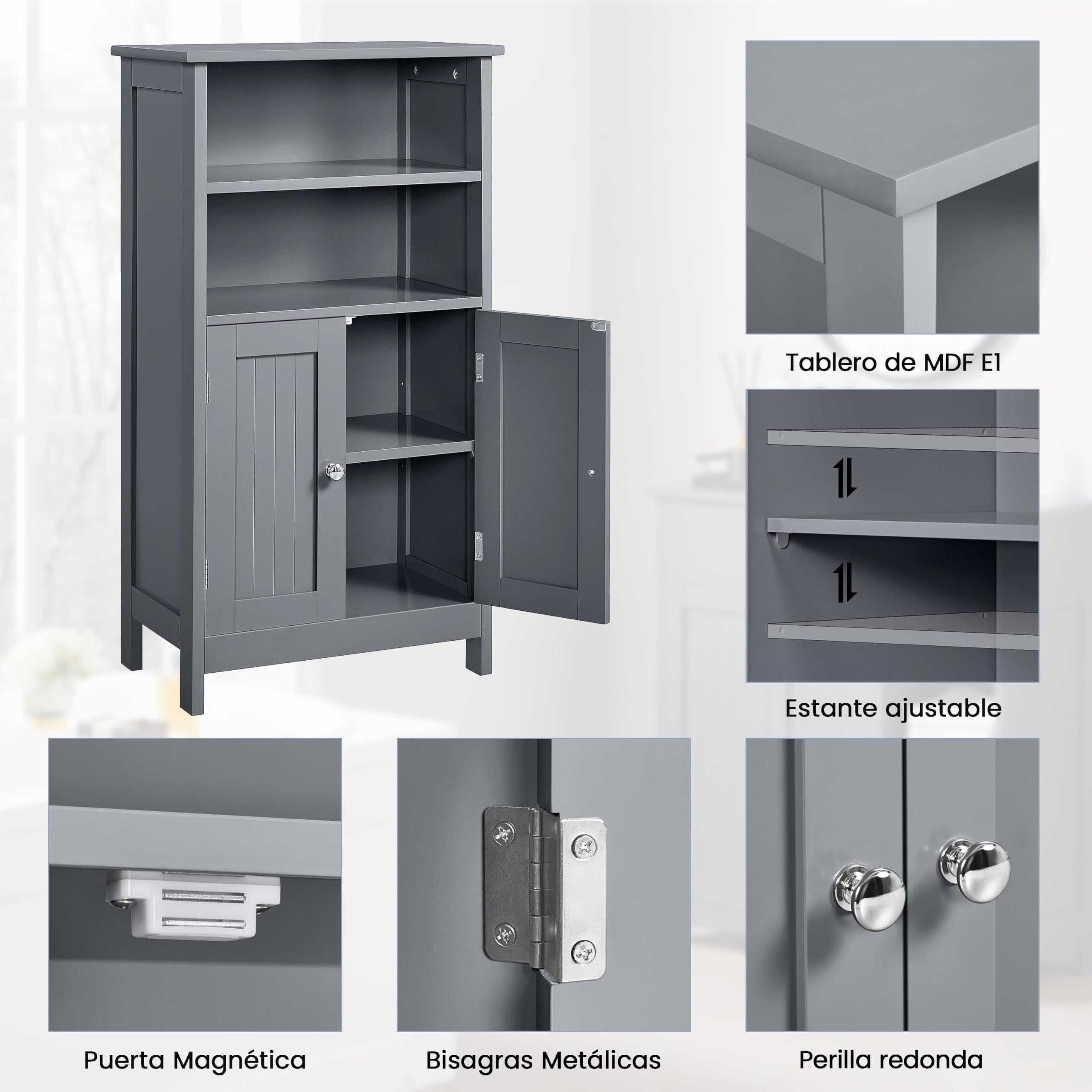 Yaheetech Armario Baño Columna con Estante Mueble Baño Suelo de Madera Armario de Almacenaje Organizador para Salón Cocina 50x30x92,5cm Gris