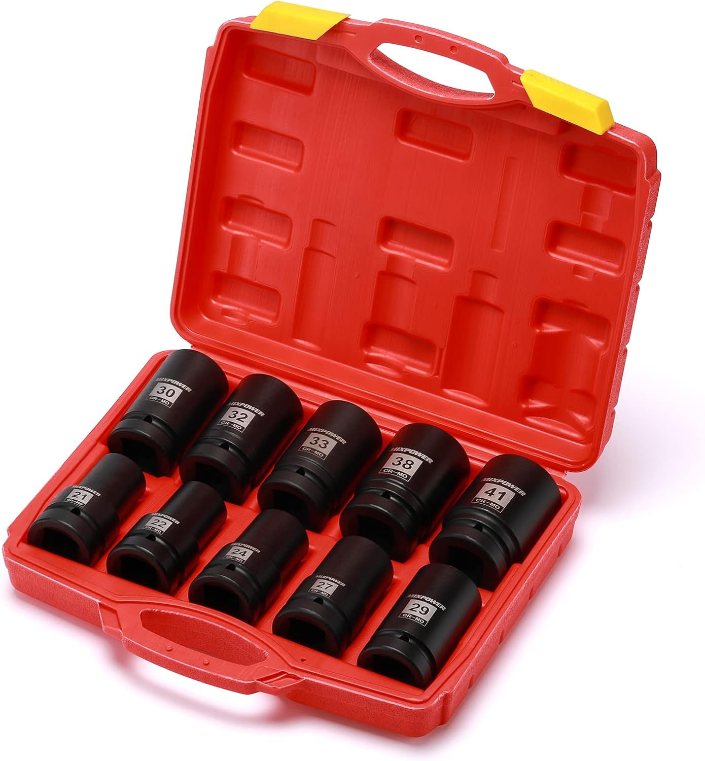 MIXPOWER 10PCS 1"Drive Impact Deep Socket Set, 6 Point, 21-41mm, CR-MO, Metric, Deep, 1" Dr. Deep Spindle Axle Nut Impact Socket Set