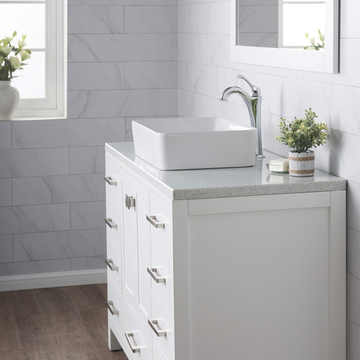 KRAUS Elavo 19-inch Modern Rectangular White Porcelain Ceramic Bathroom Vessel Sink and Arlo Faucet Combo Set with Pop-Up Drain, Chrome C-KCV-121-1200CH