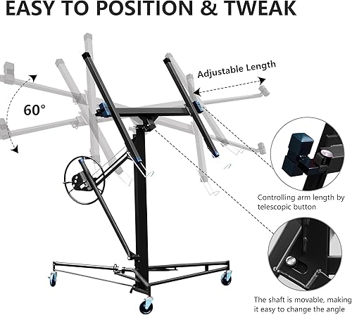 Miniatura 4 de PayLessHere Elevador de paneles de yeso de 11 pies con ruedas giratorias de construcción, elevador de gato de herramientas bloqueable para una fácil