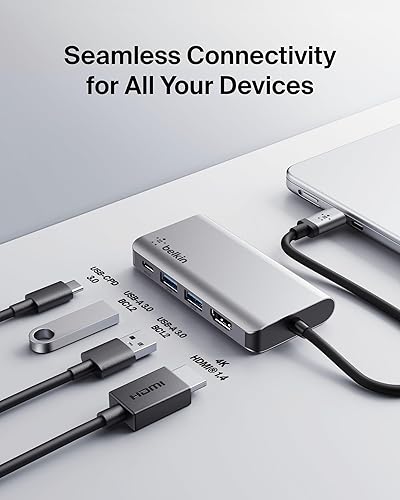 Miniatura 3 de Belkin Hub USB C, base multipuerto 4 en 1 para laptop con HDMI 4K, estación de acoplamiento USB C con entrega de alimentación de paso de 100 vatios,
