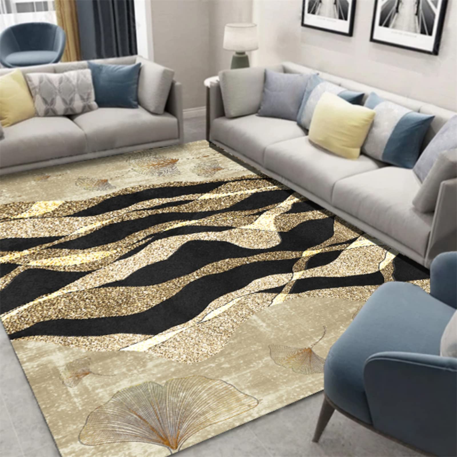 Tapis extérieur gazon chic abstrait noir et or résistant à l'usure pour entrée moderne