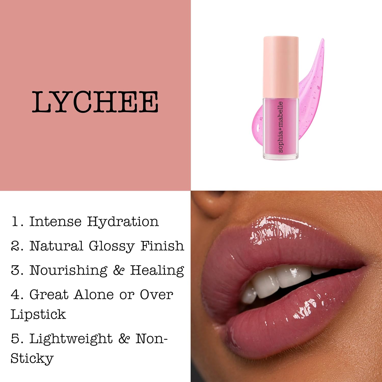 Sophia + Mabelle Hydrating Fruit Lip Oil – Lightweight, Non-Sticky, Tinted Gloss Oil – Nourishing, High-Shine, Flavored Lip Treatment – Yuzu, Lychee, Mango – 3.7g (LYCHEE (Medium Pink), Standard)
