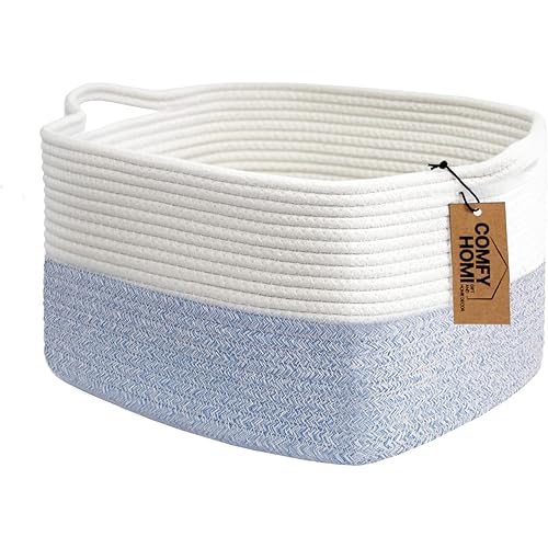 Cotton Rope Woven Basket with Handles for shelf，Toy, Book, Cloth Storage Basket for Organizing-13.5"X11"X9.5" Storage Bin for Living Room, Newborn or Infant Gift for boy girl - COMFY-HOMI（White/blue）