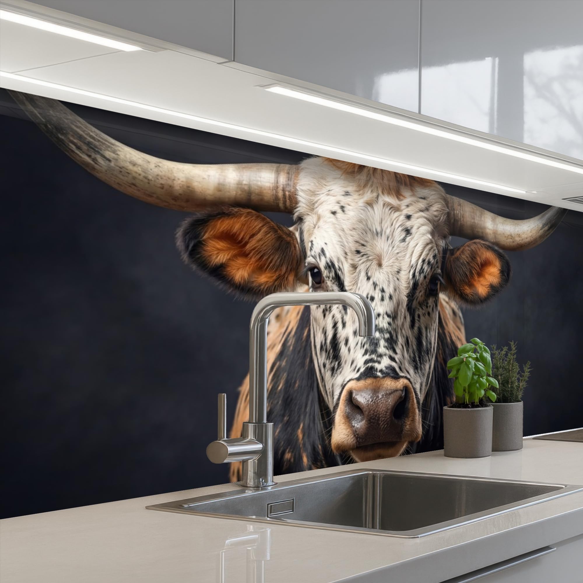 KitchenYeah© Paraschizzi Cucina Adesivo 60x200 cm Pannello Parete per Paraspruzzi Adesivi Muro Toro - Colorato - Corna