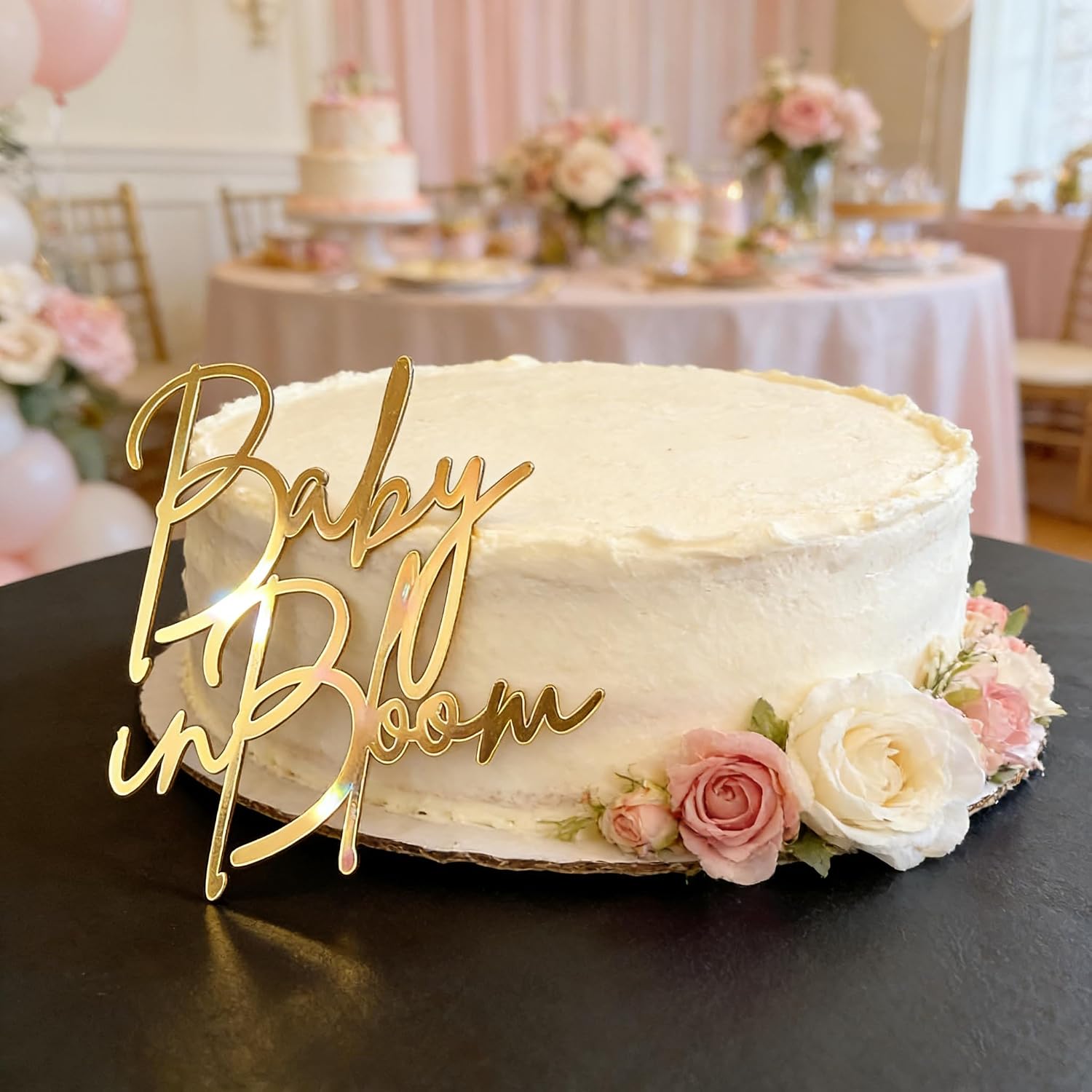 Gold Acrylic Baby in Bloom Cake Topper,Flower Theme Baby Shower Cake Topper for Gender Reveal/Pregnancy Announcement/Birth Announcement/Welcome Baby Decorative Party Supplies image 4