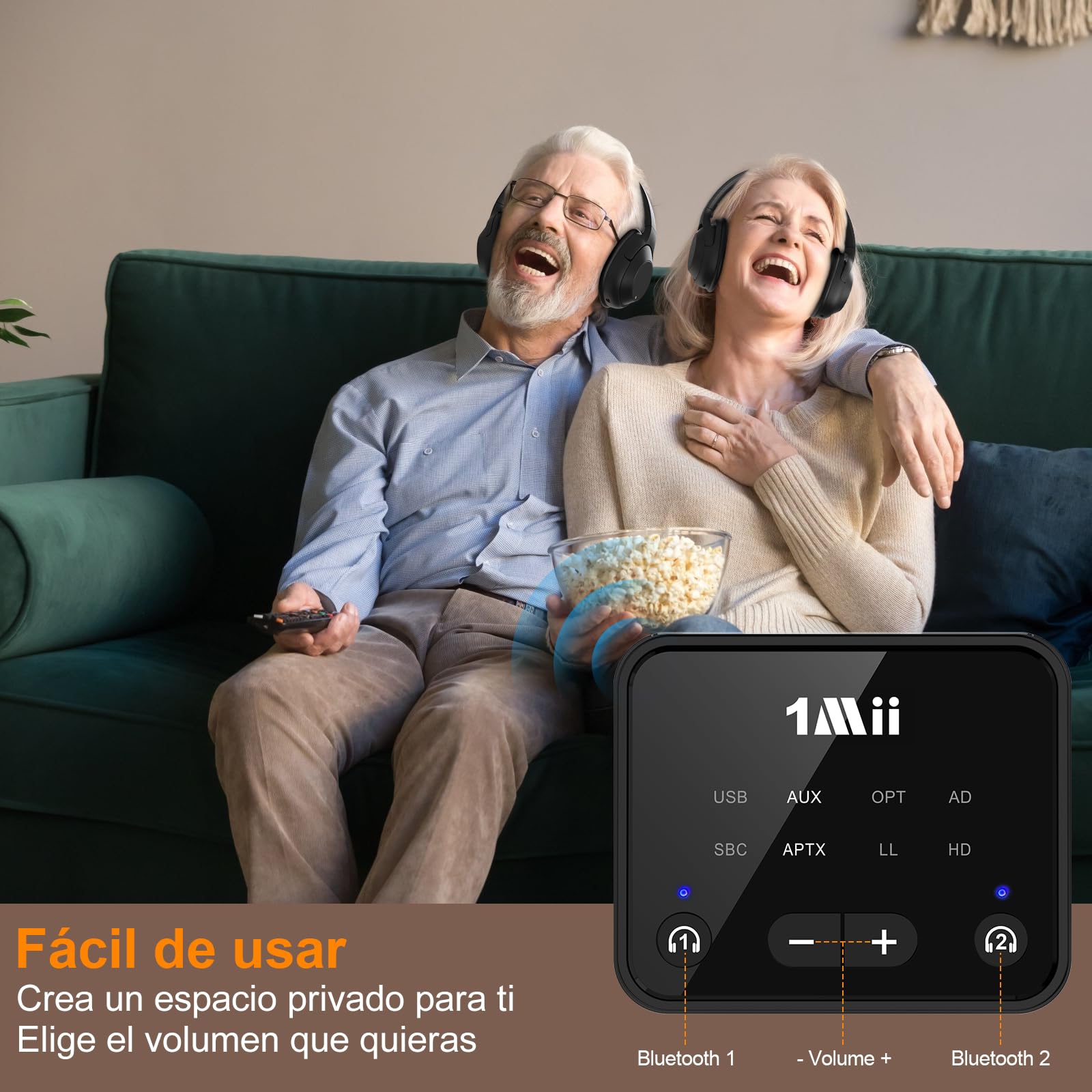 1Mii Transmisor Bluetooth 5.3 para TV a 2 Auriculares/Altavoces, Adaptador Bluetooth de Largo Alcance de 30 m para TV con Control de Volumen, Entradas de Audio Ópticas/AUX/RCA, aptX Adaptive/HD