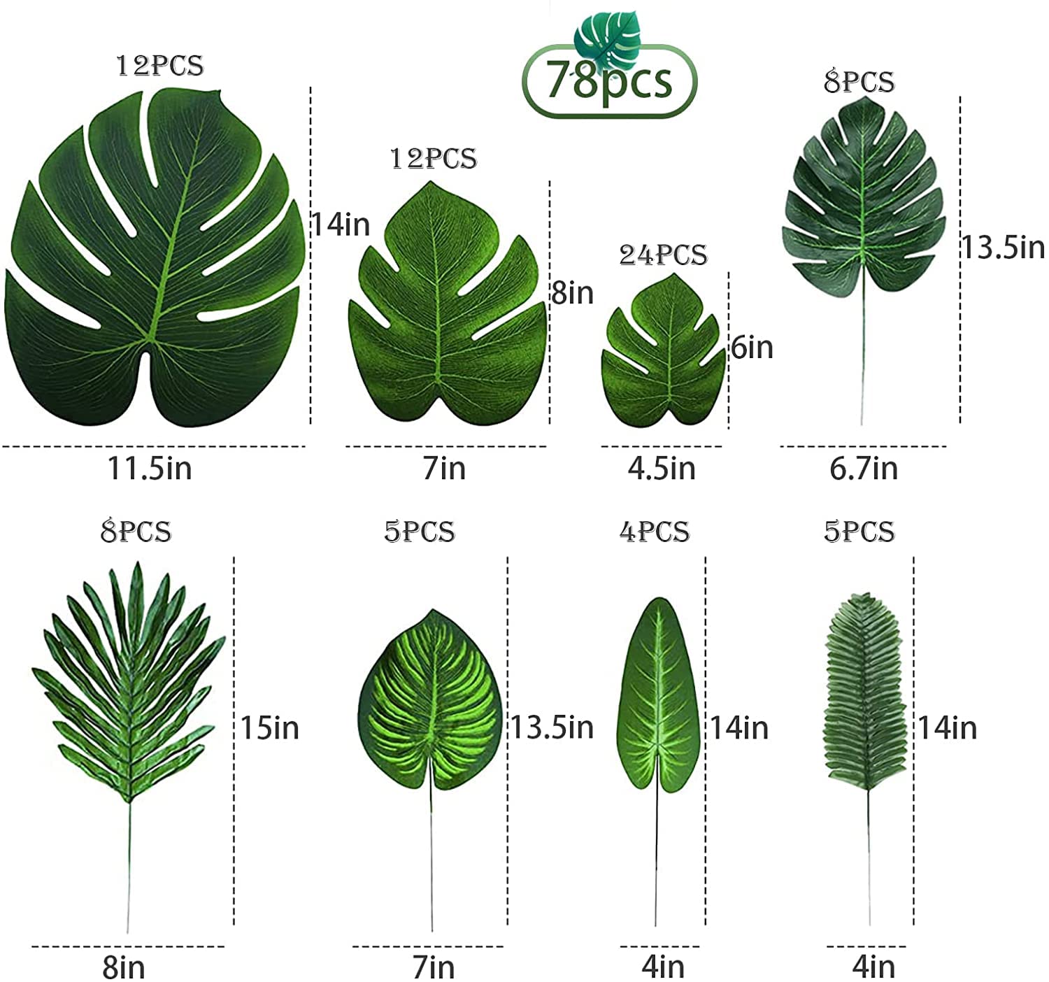 Amazon｜78個 8種類の偽物の葉、熱帯のヤシの葉、モンステラの葉