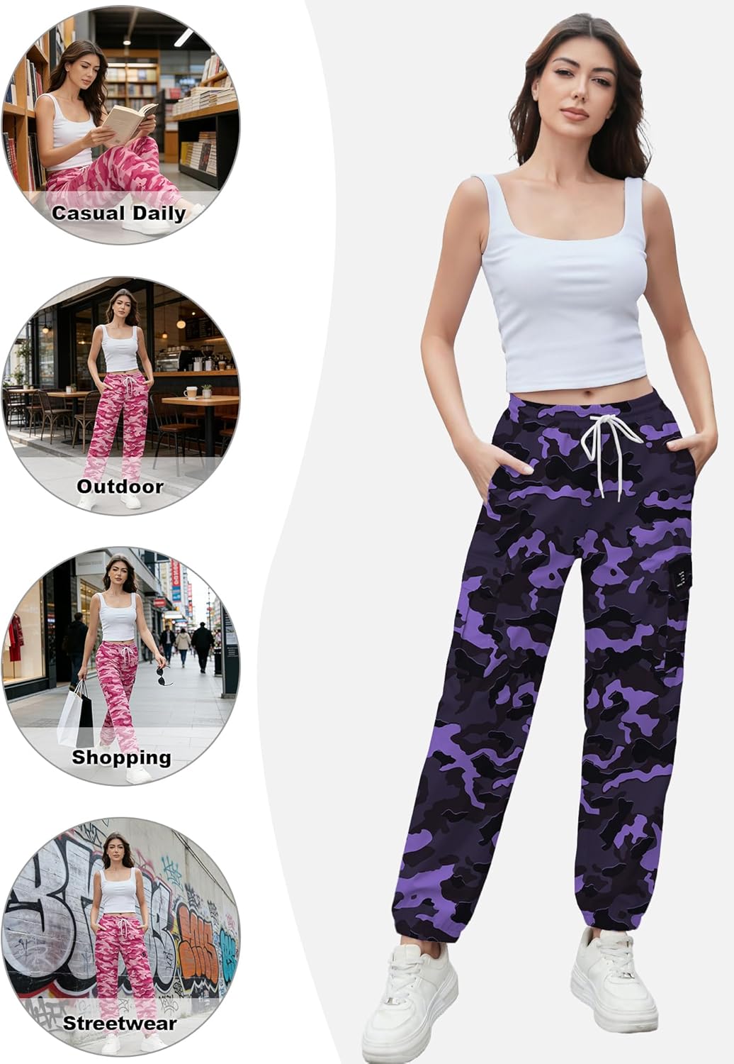 Cromoncent Girls & Womens Camo Print Cargo Pants Outdoor Lightweight Jogger Baggy Pants, 6 Years - XX-Large