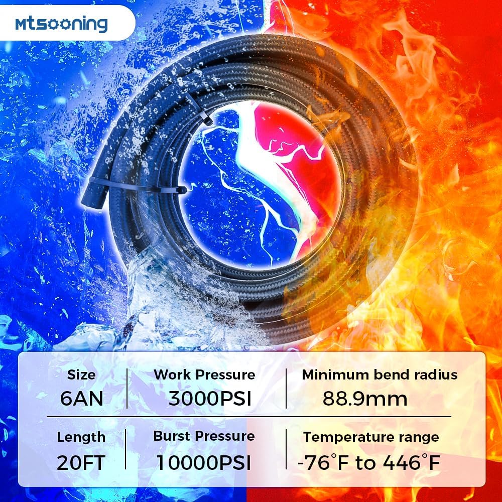 Mtsooning 3/8" 6AN 20FT Fuel Line Hose Kit, Nylon Stainless Steel Braided Fuel Line with Oil/Gas/Fuel Hose End Fitting, 2PCS Hose Separator Clamp & 8PCS Swivel Adapter