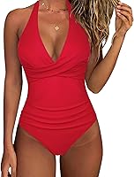 SUUKSESS Women's Sexy Tummy Control One Piece Swimsuit Halter Push Up Bathing Suit Ruched Slimming Monokini