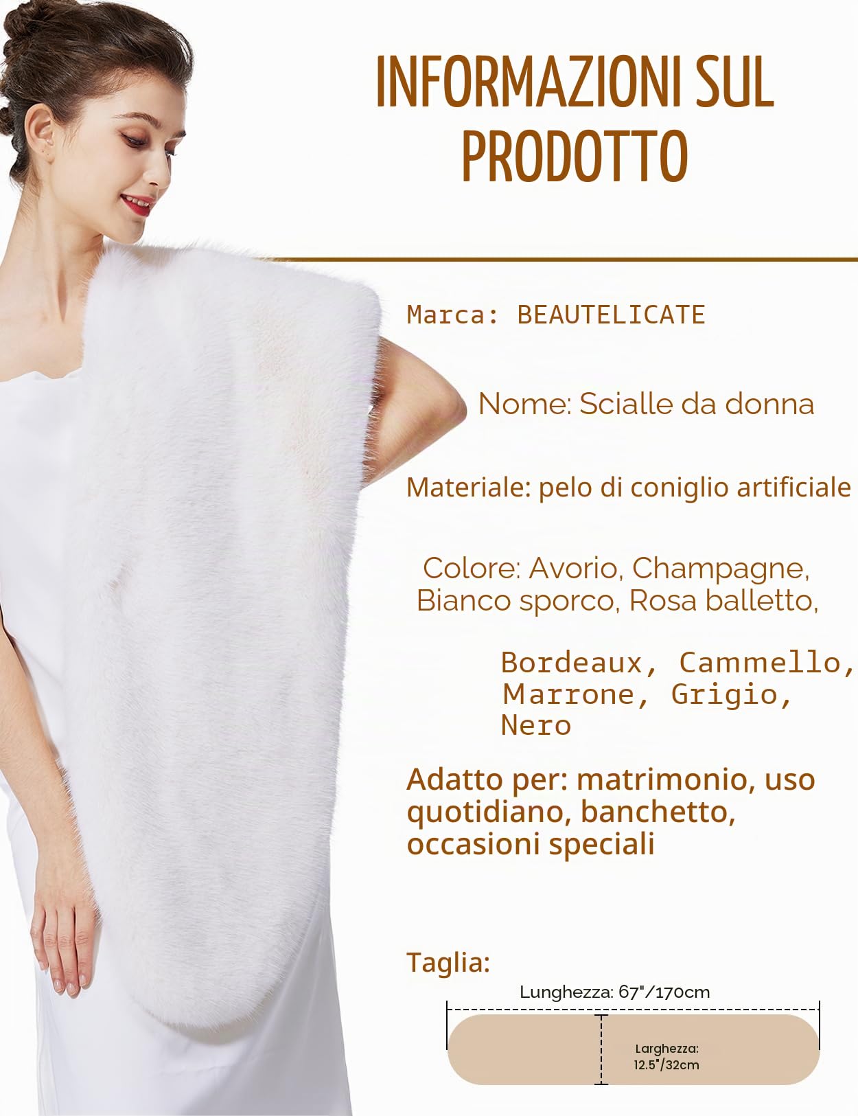 BEAUTELICATE Stola Donna Pelliccia Sintetica Coprispalle Sposa Sciarpa Scialle Pelliccia Elegante per Invernale Matrimonio Cerimonia Damigella