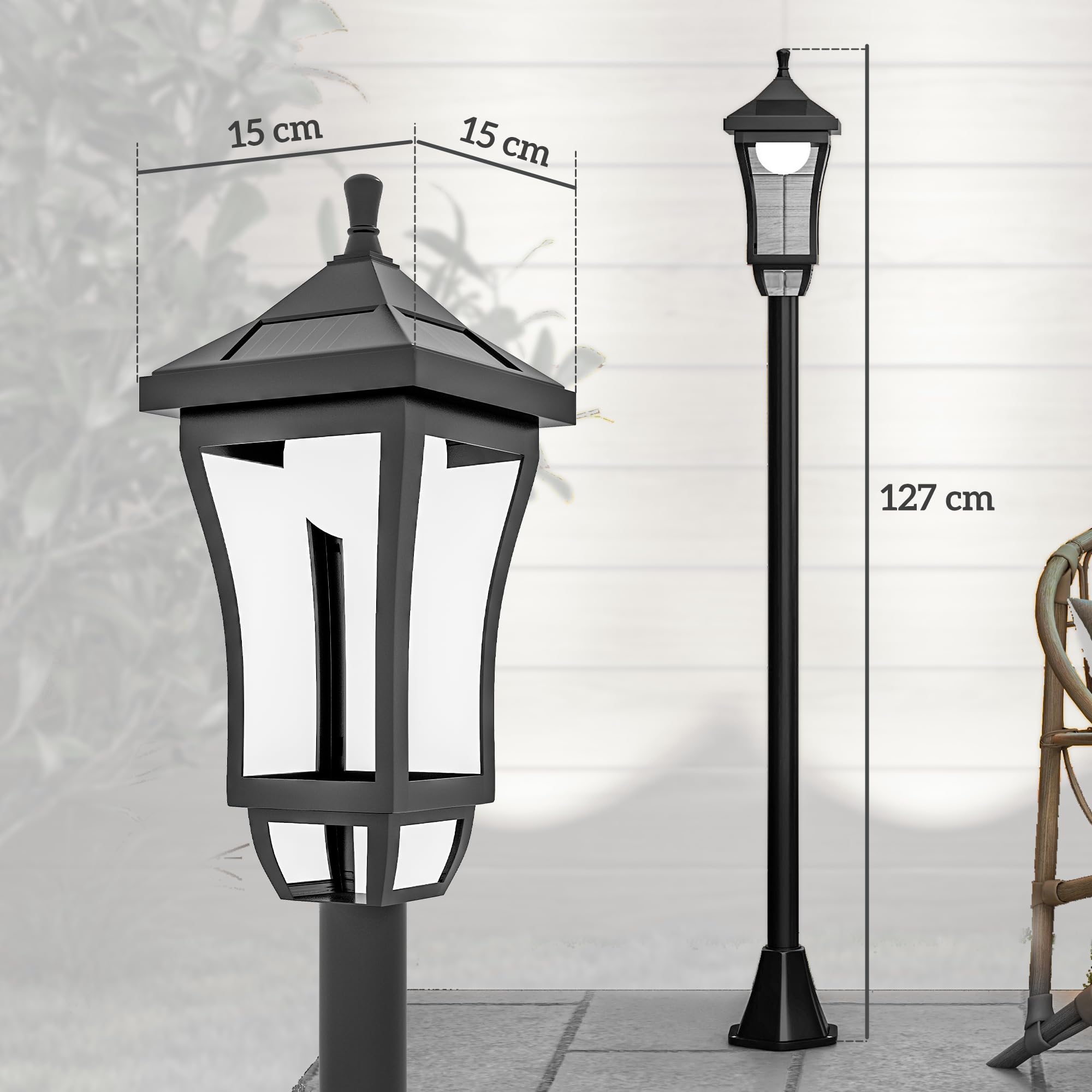 Outsunny Farola Solar Luz Solar de Exterior con Panel Solar Encendido y Apagado Automático IP44 para Terraza Patio 15x15x127 cm Negro