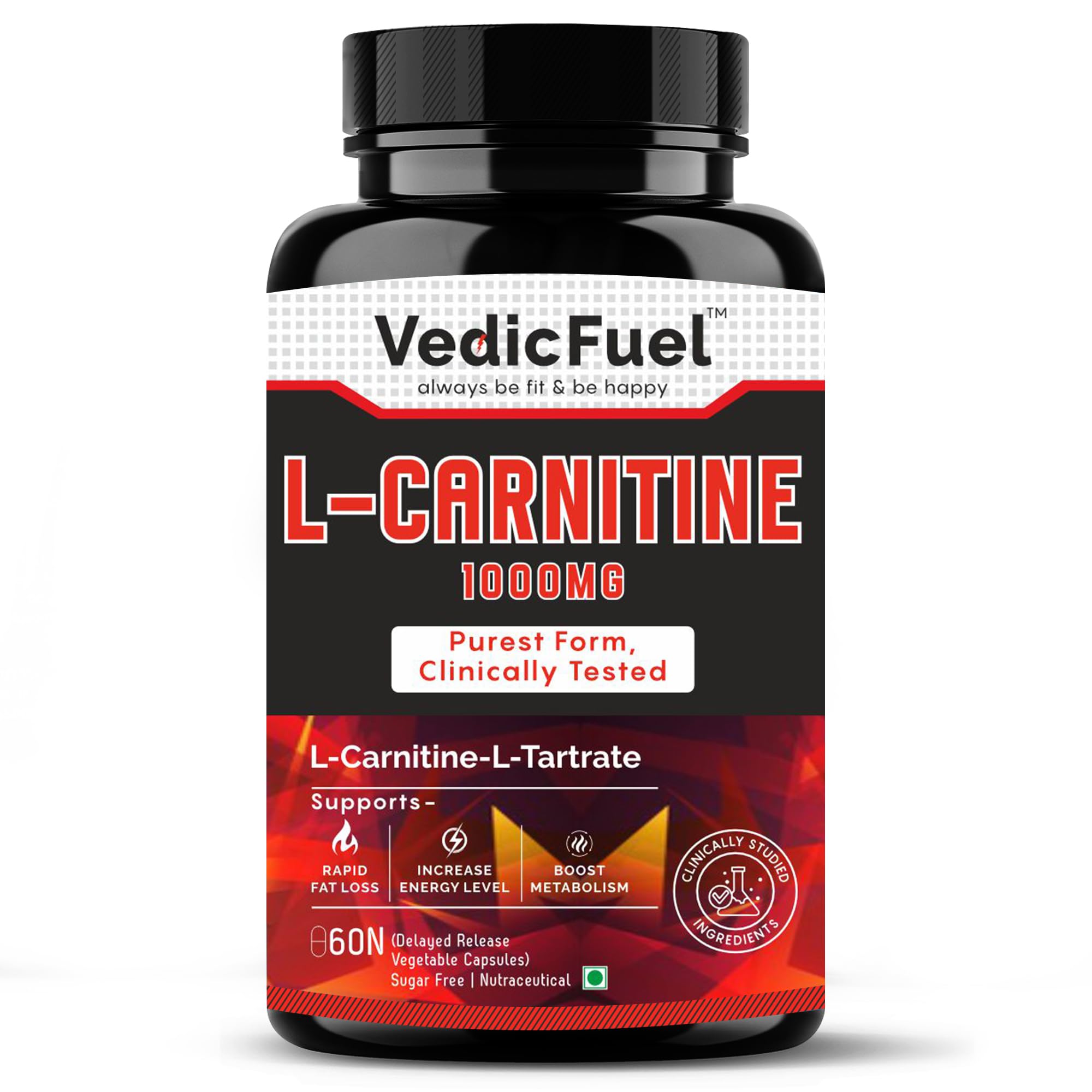 VedicFuel Carnipure® L-Carnitine L-Tartrate 1000mg - Ultimate Pre & Post Workout Supplement for Energy Production | Weight Management | Muscle Recovery | 60 DRcaps® Veg. Capsules-image-29