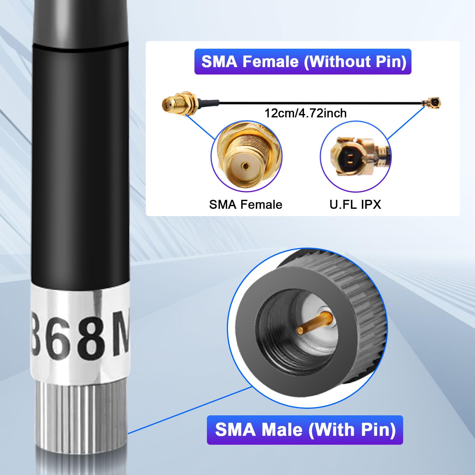 10dBi Gain/868MHz Antenna LoRa per ESP32/LoRa32 V3/LoRa32u4 II, SMA Maschio 195 mm + Cavo da (U.FL IPX) a SMA Femmina per Meshtastic LoRa Long Range Soft Whip-Antenne (2 pezzi)