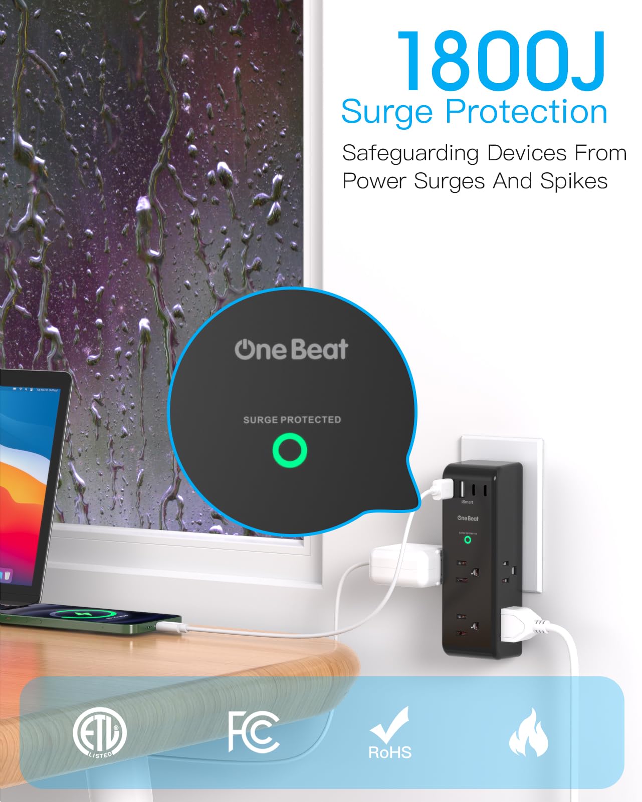 Surge Protector Outlet Extender - with Rotating Plug, 6 AC Multi Plug Outlet with 3 USB Ports (1 USB C), 1800 Joules, 3-Sided Swivel Power Strip with Spaced Outlet Spaced Outlet Splitter for Dorm