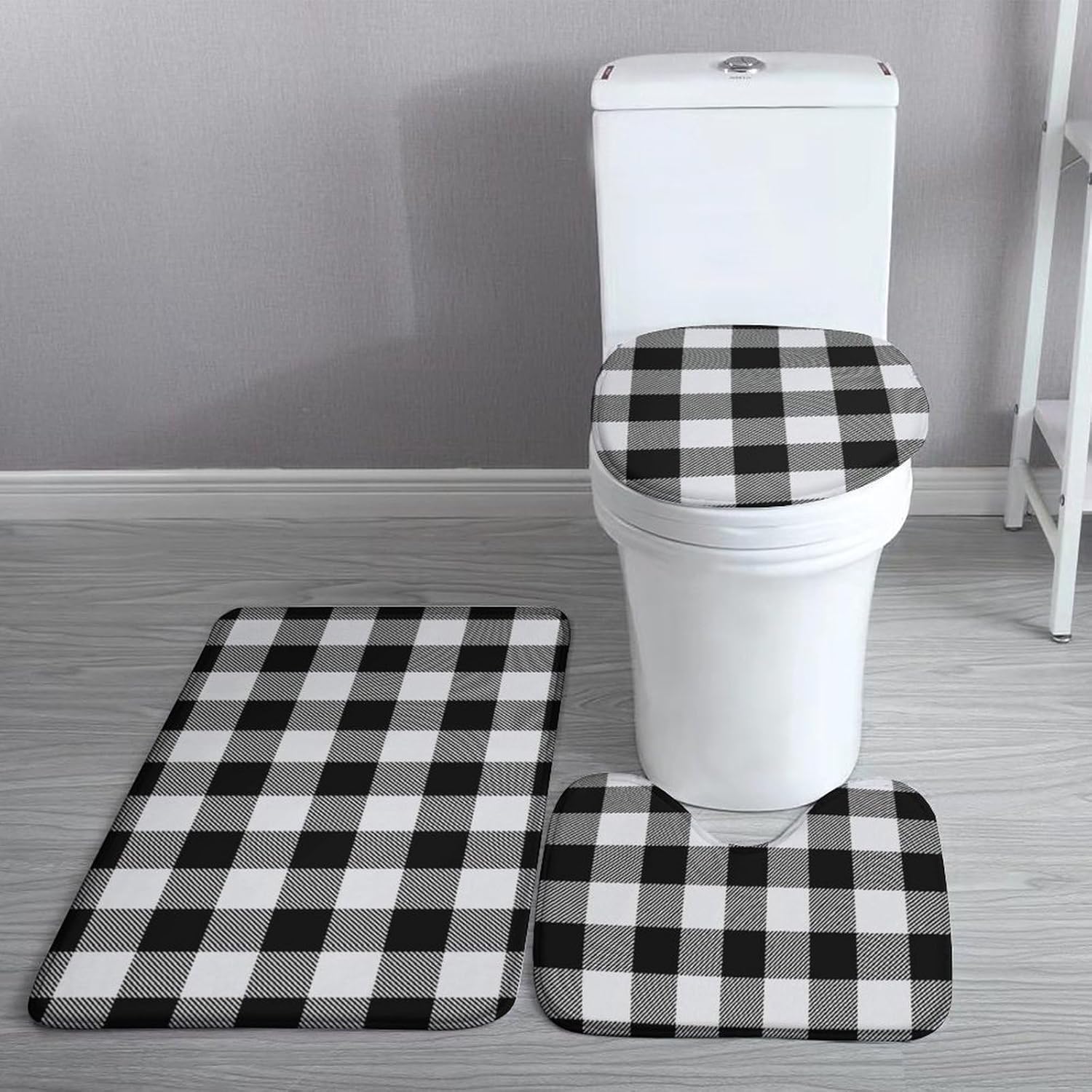 3 Piece Black and White Buffalo Plaids Checked Bath Mat Set Plush Christmas New Year Bathroom Rug Sets for Winter Non Slip Water Absorbent U-Shaped Contour Toilet Mat, Toilet Lid Cover