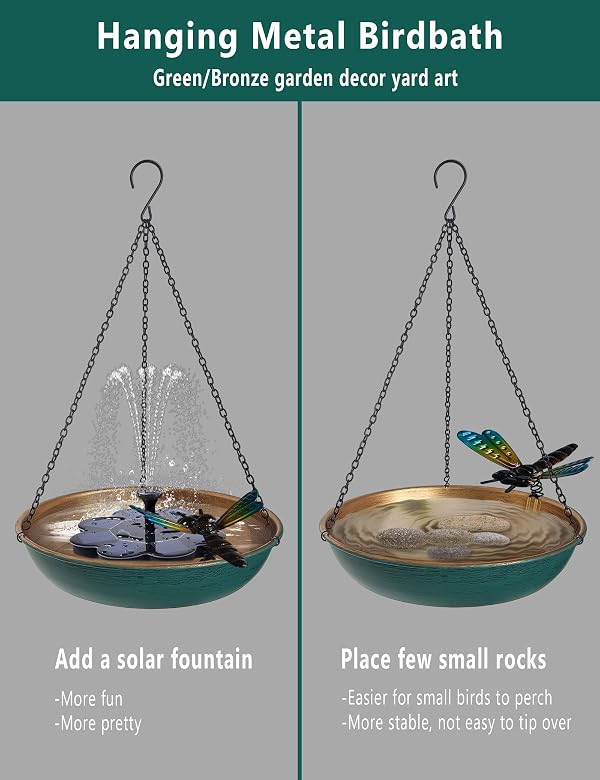 Hanging Birdbath Bird Feeder for Outdoor 11 Inch Green/Bronze Cute Metal Bird Bath Bowl with Detachable Black Chain Metal Dragonfly Backyard Birdbath Garden Decor by Keygift - Used condition - Image 6