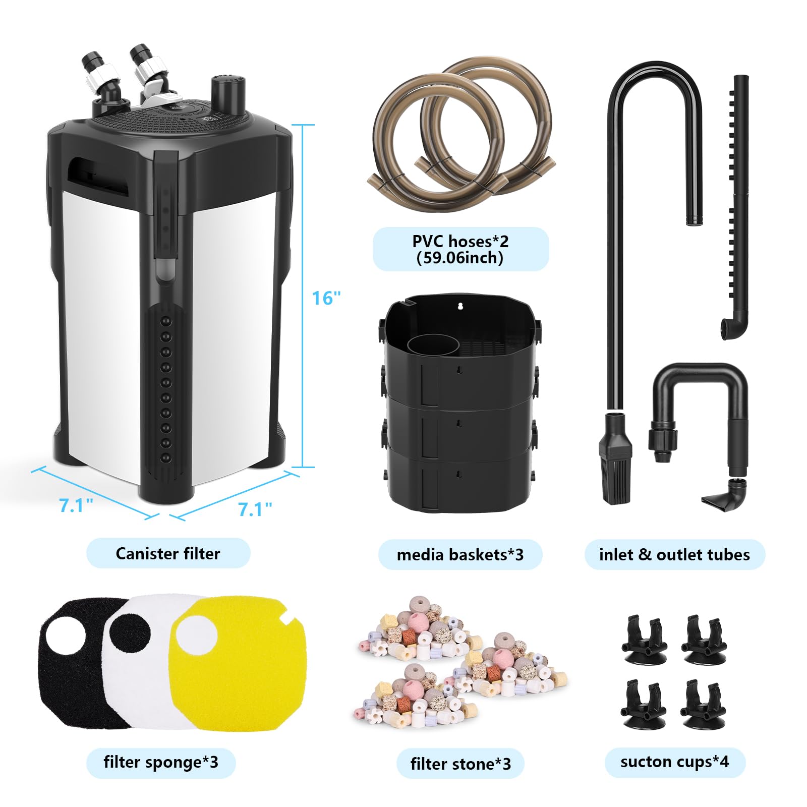 AQQA Filtro externo para acuario, 1800 l/h, filtro de recipiente ajustable para acuarios, filtro externo para tanques de hasta 350 L, incluye filtración de 3 etapas y accesorios completos