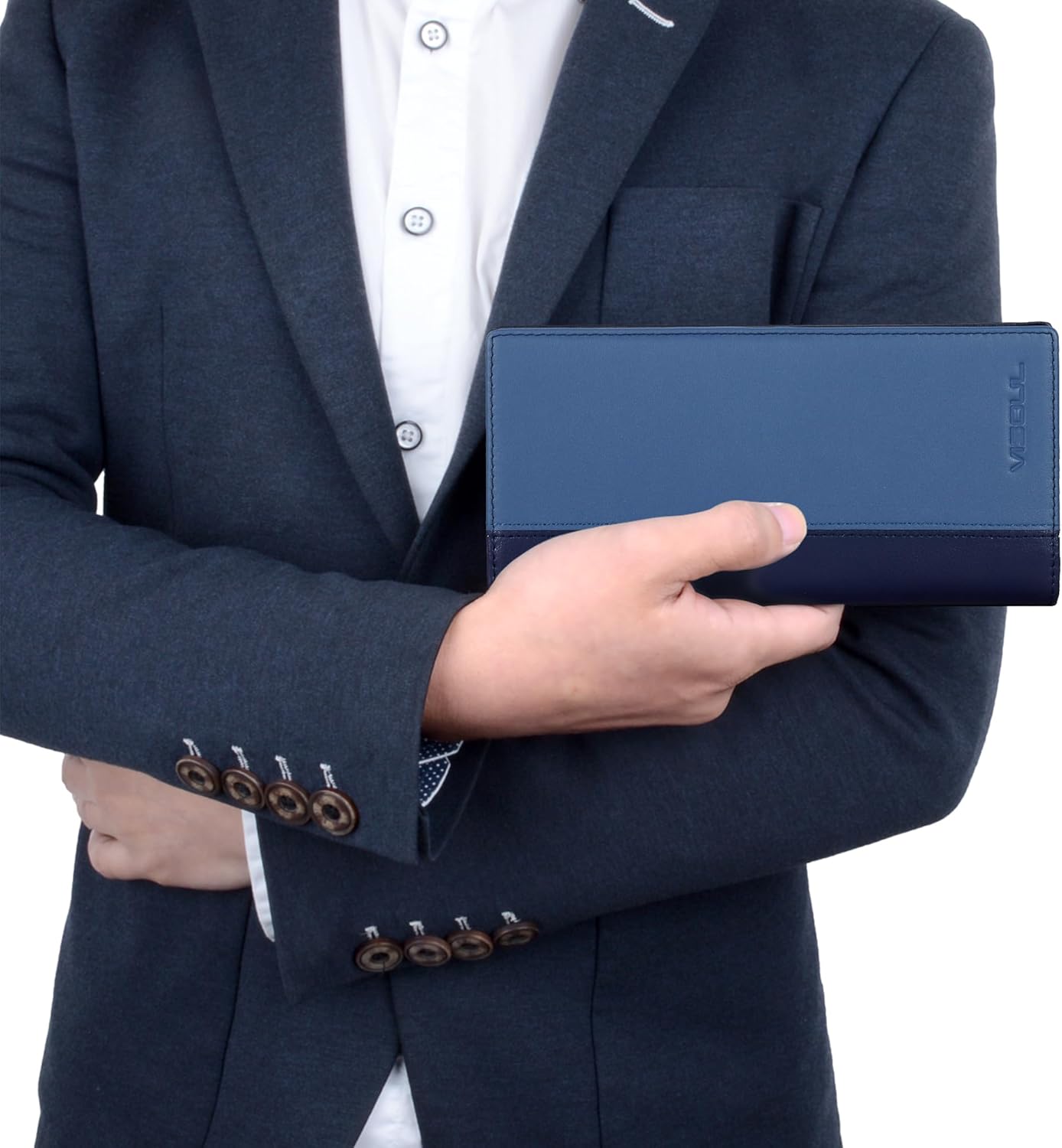 VISOUL Leather Long Checkbook Bi-fold Wallets with Zipper Pocket for Men and Women, RFID Blocking Tall Billfold Secretary Cash Wallet (Blue and Navy Blue) - Image 7
