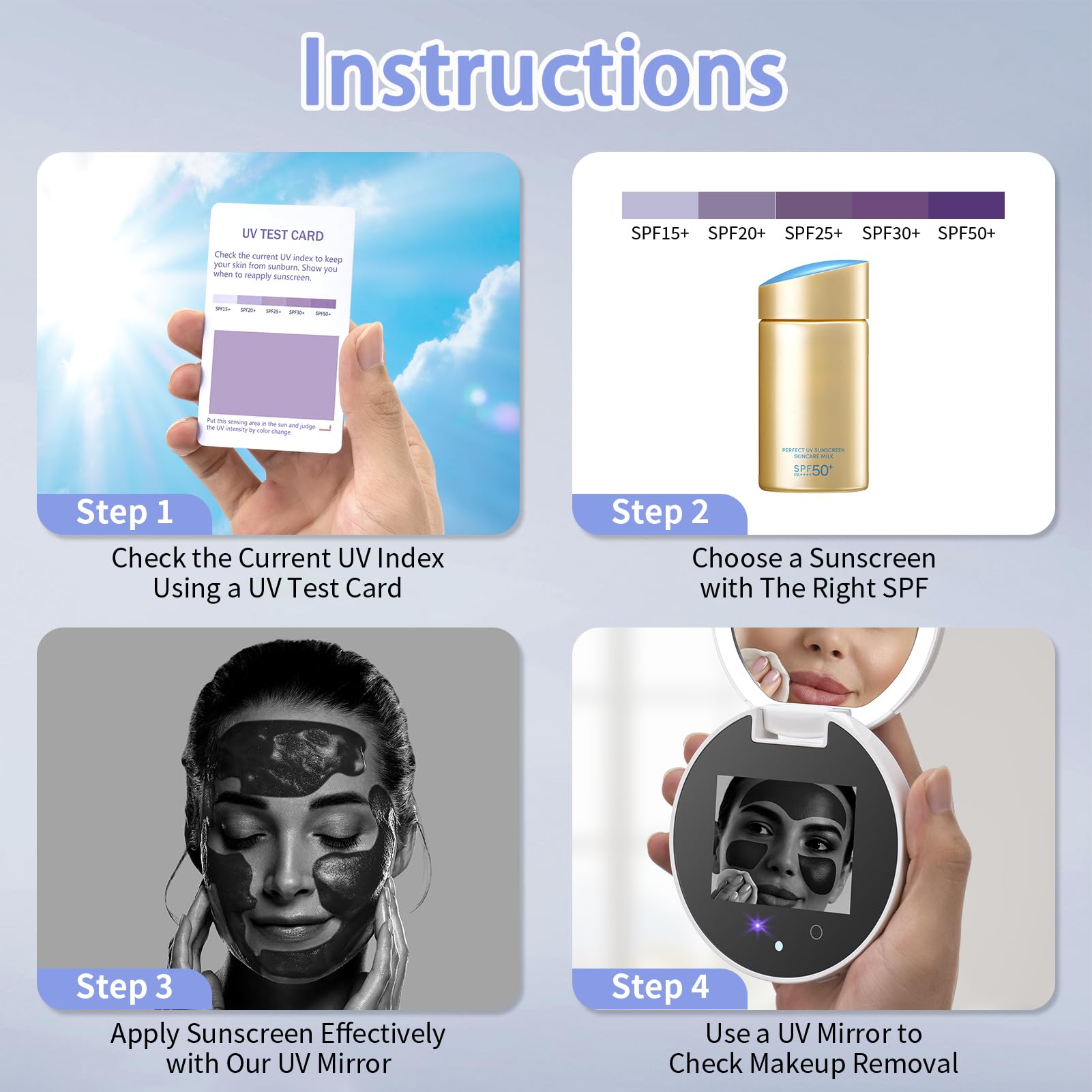 Espejo compacto inteligente UV para prueba de protección solar, espejo de maquillaje de viaje de 3 pulgadas con luces y aumento, espejo de bolsillo recargable de doble cara para protección de la piel