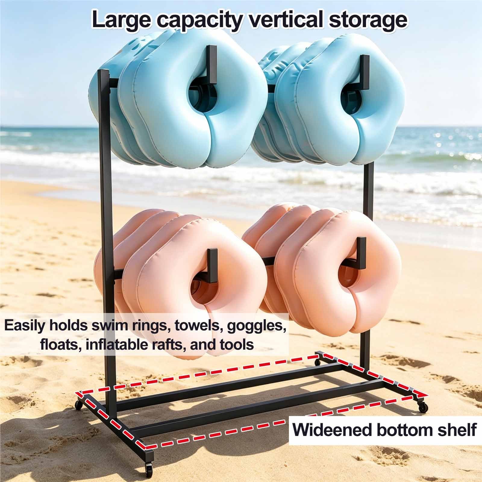Supporto a 2 livelli per galleggianti da piscina, organizer esterno per bordo piscina, organizer con ruote e barra trasversale, adatto per attrezzature e accessori nuoto