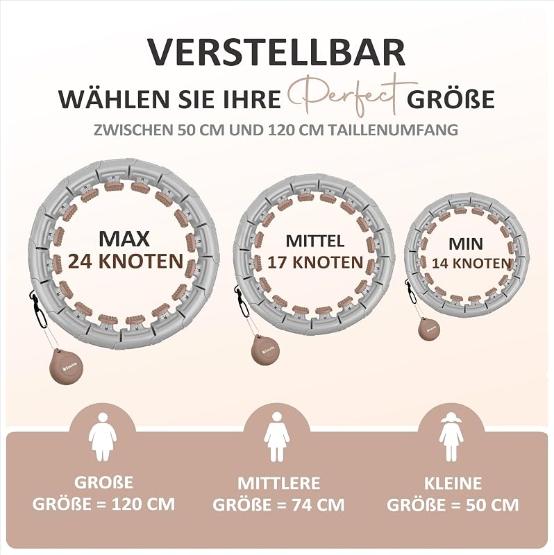 Solulife Hula Hoop Felnőtteknek Fogyáshoz és Masszázshoz, 24 Darabos Állítható Karika Súlygolyóval, ABS Anyag, Taupe Szín
