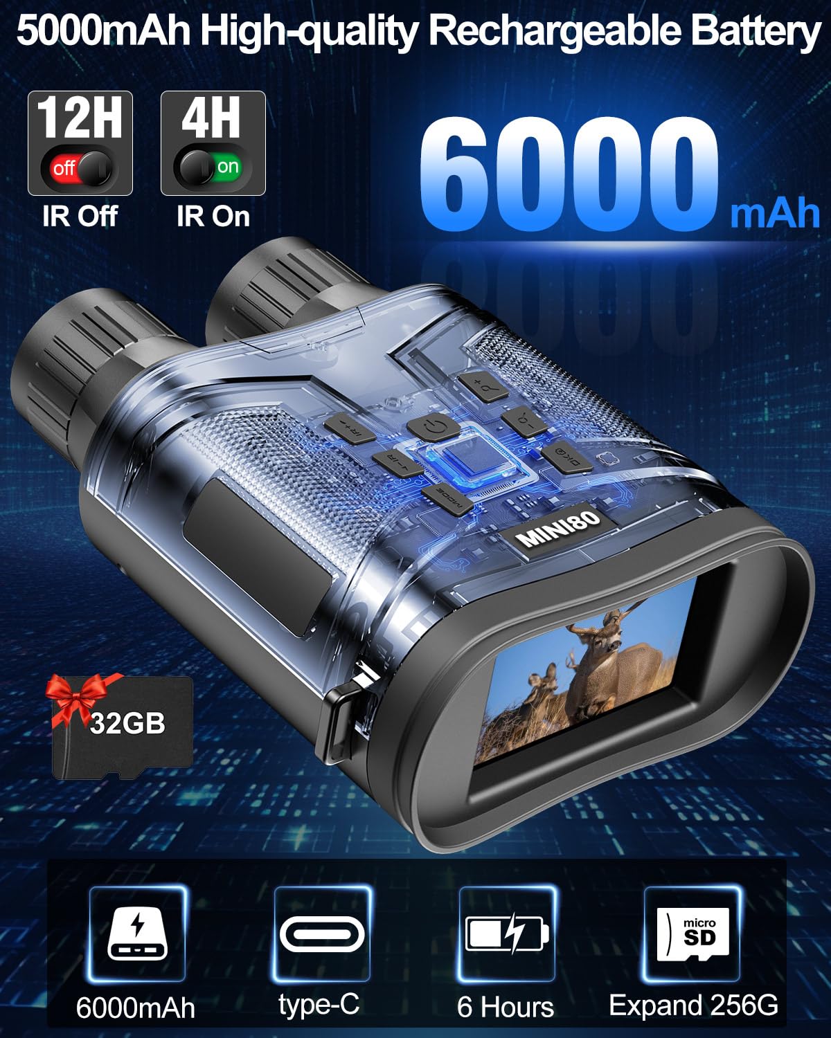 Binoculares Visión Nocturna 4k,Dowesyeen Prismaticos Pprofesinales Largo Alcance 6000mAh Recargable Infrarrojos Vision Diurna Nocturna Digital con 3" 1080FHD LCD TFT para Tomar Fotos y Videos