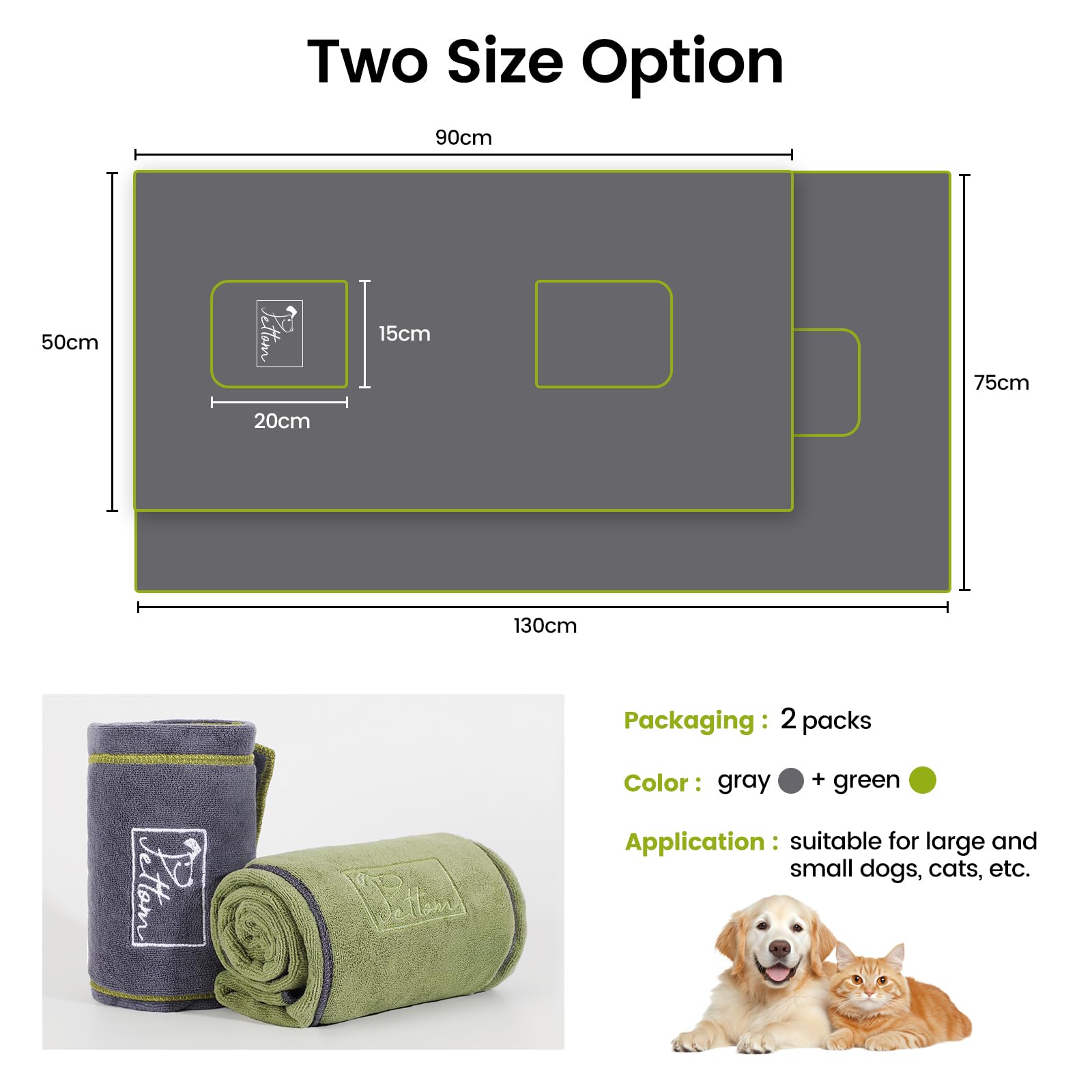 PETTOM Serviette Chien Microfibre Lot de 2, Super Absorbante et Séchage Rapide, Microfibre 400 g/m² avec Poches, Textiles Accessoires Chien pour Bain Pluie Plage, 130 x 75 cm