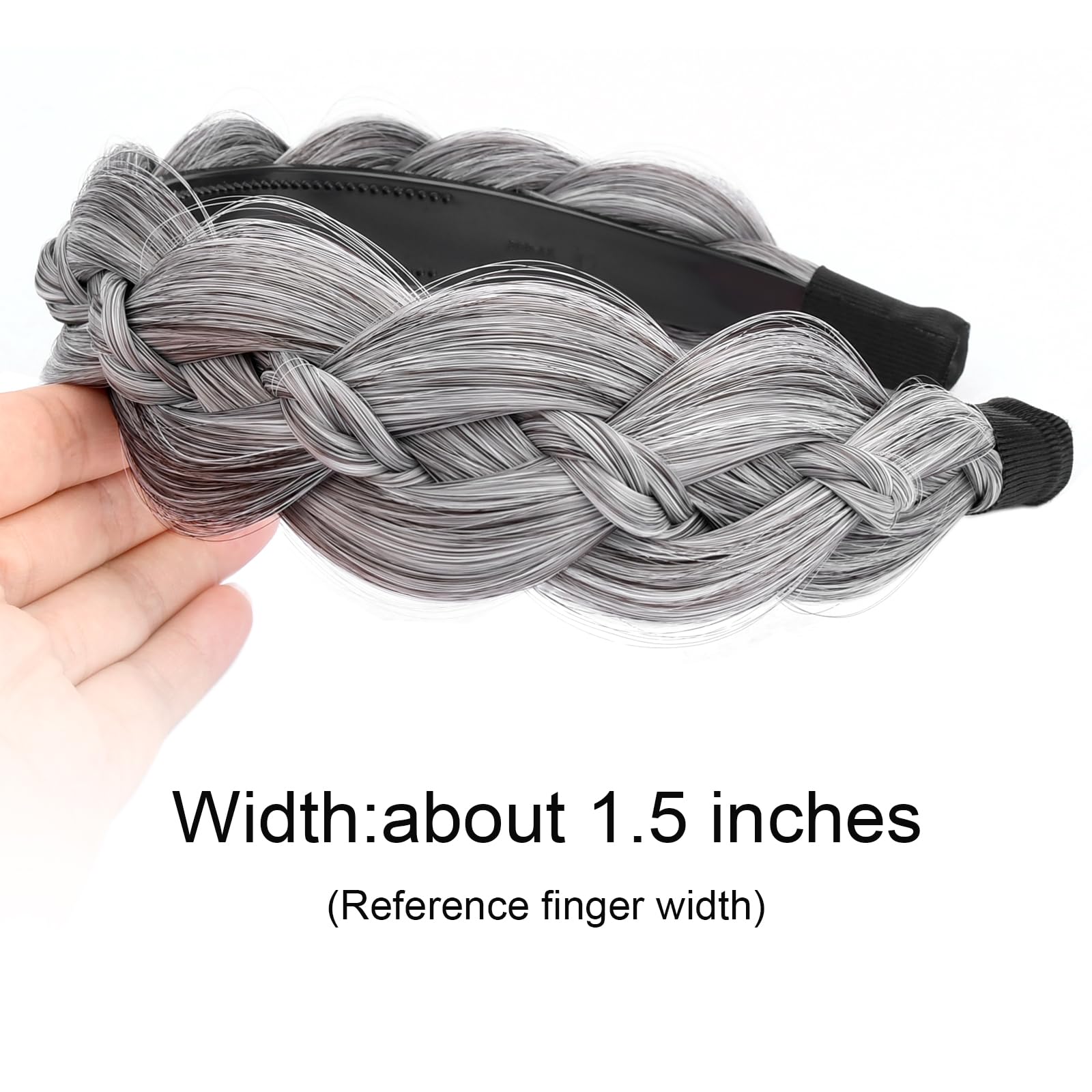 GLEDOLA Wide Braided Headband with Teeth Synthetic Hair Plaited Headband High Elasticity Braids Hair Band Hairpiece for Girls Women (Salt Pepper - Image 3