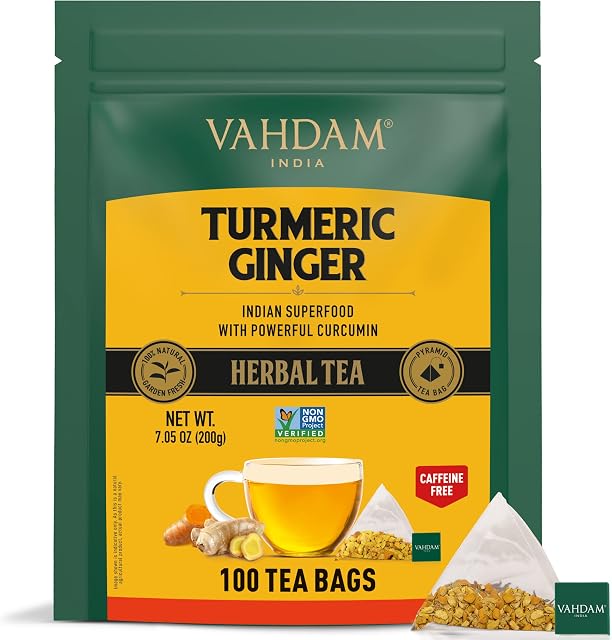 VAHDAM, Turmeric Ginger Tea Bags (100 Pyramid Tea Bags) Caffeine Free, Blend of 100% Real Spices - Turmeric Tea, Ginger Tea | Powerful Superfood, Herbal Tea