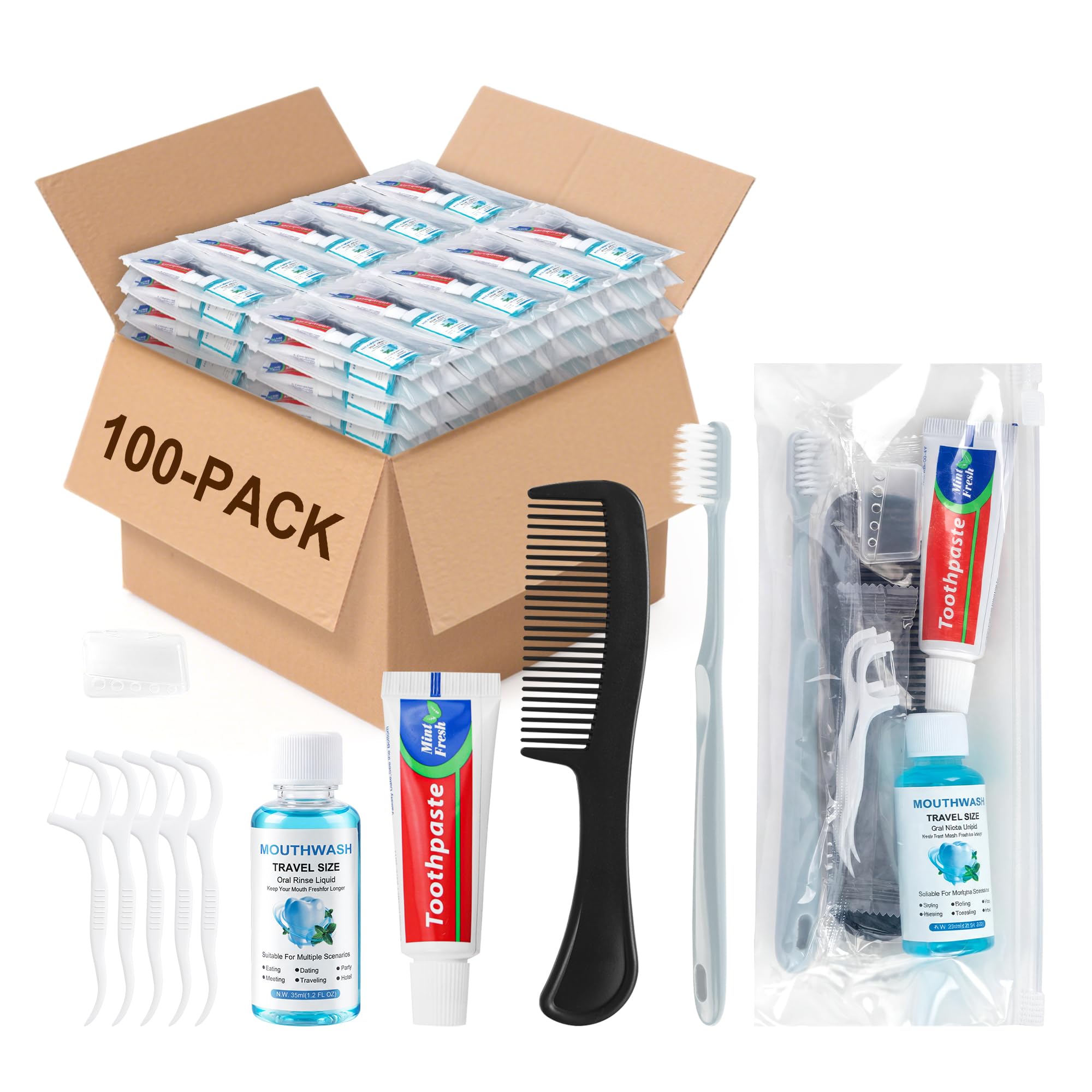 Lot de 100 brosses à dents de voyage en vrac, emballées