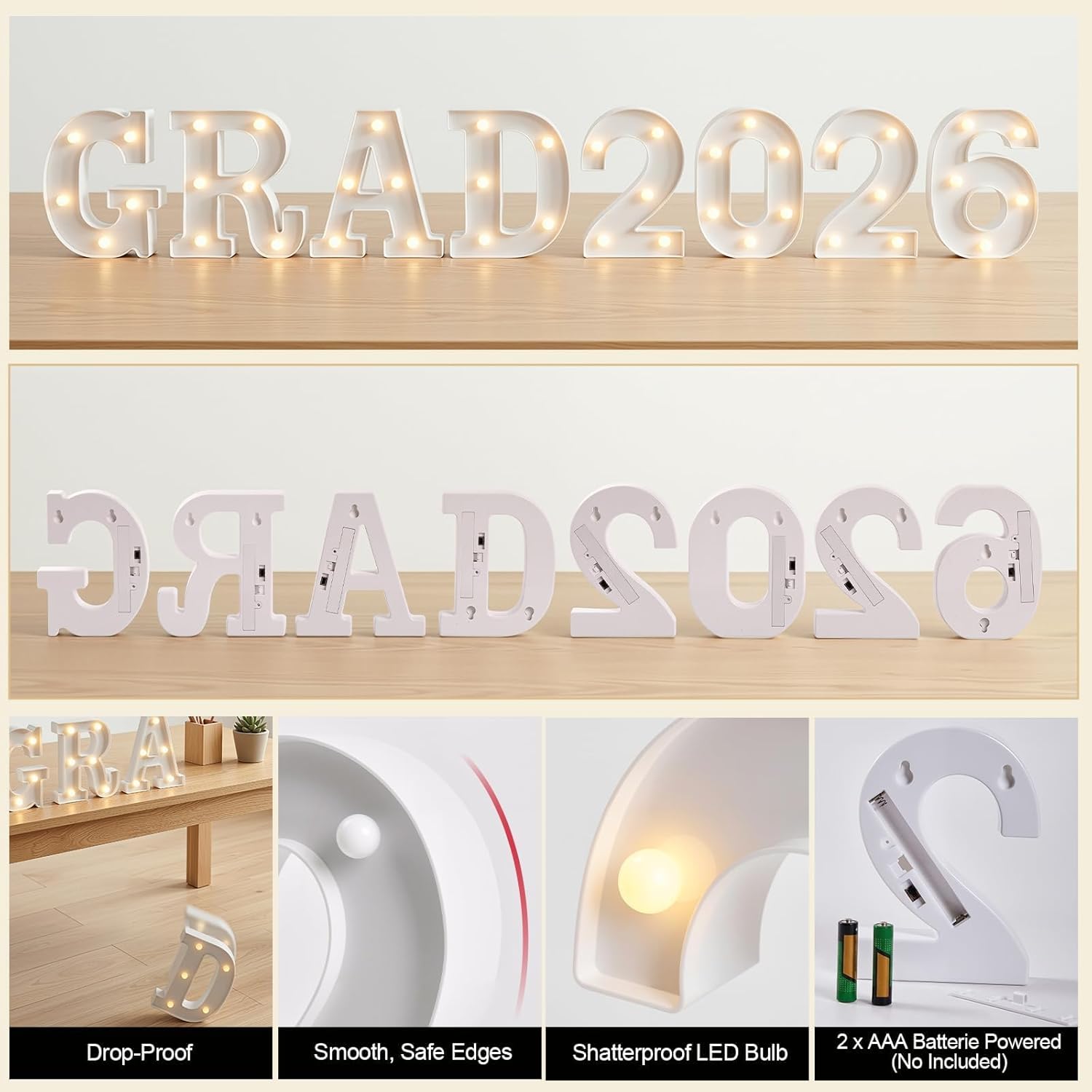 OLANRUN 2026 Graduation Decorations - 8 Pcs LED Marquee Light Up Letters GRAD 2026 for Table & Wall, Class of 2026 Graduation Party Decor Supplies for Kindergarten Preschool High School College, 6.2in