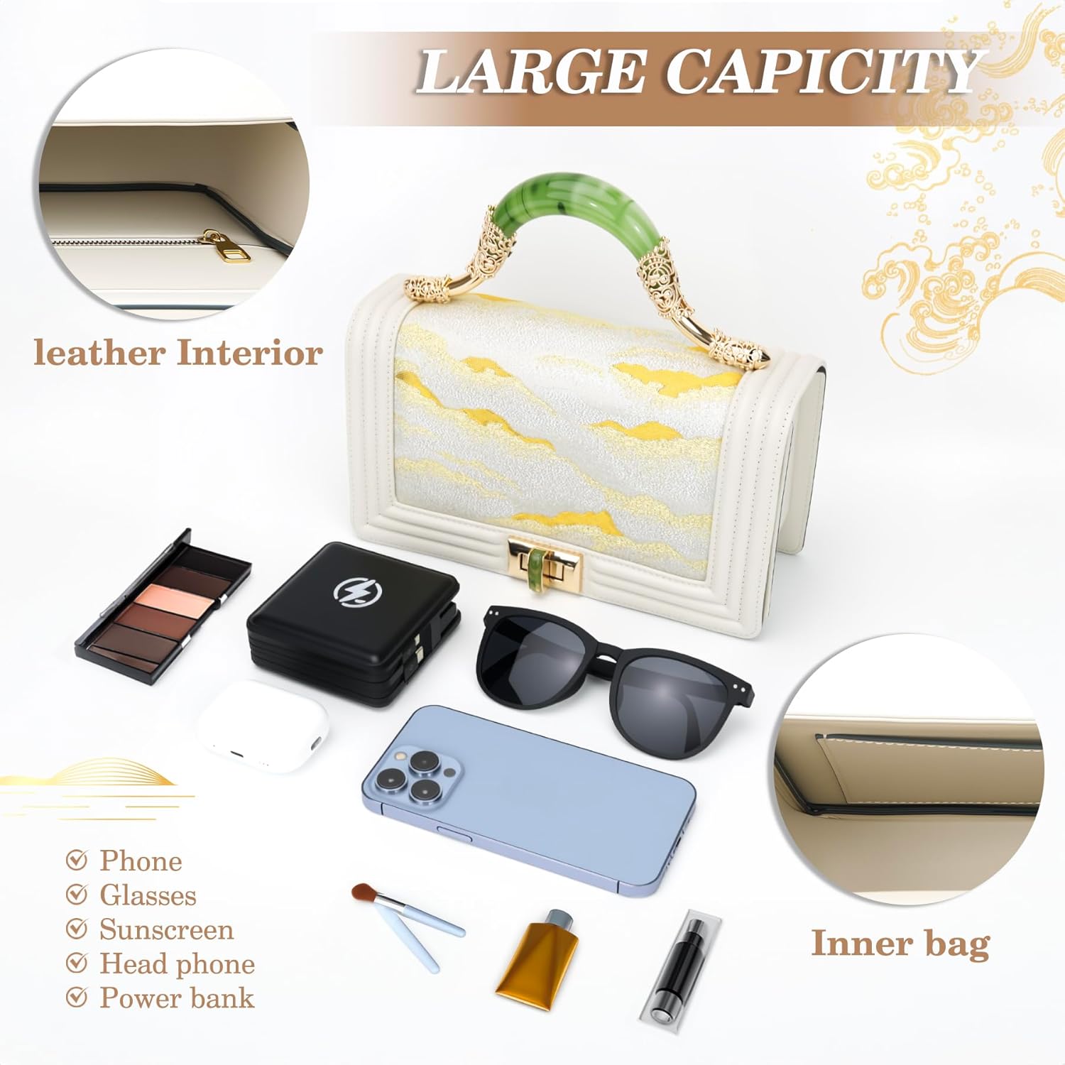 Women’s Evening Handbags Gold Evening Bag with Jade Handle – Luxury Embroidered Cloud Pattern Handbag, Large Capacity Formal Wedding Party Crossbody Purse
