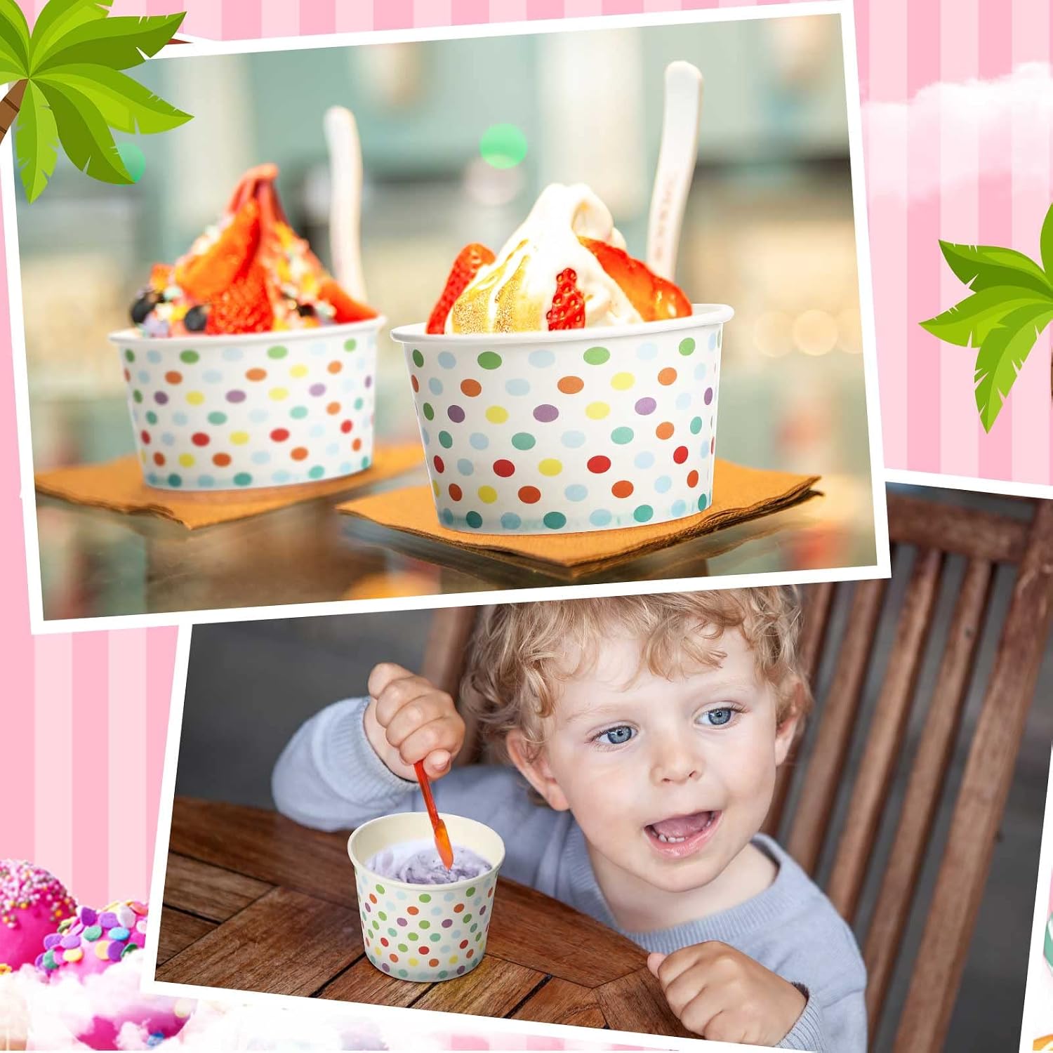 Eccliy 200 Pack Polka Dot Ice Cream Cups Bulk 5 oz Colorful Paper Sundae Bowls Disposable Dessert Container for Treat Snake Frozen Yogurt Summer Wedding Birthday Party Supplies