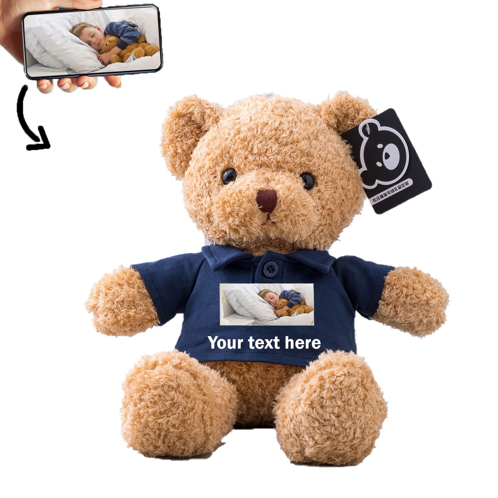 Personalised Teddy Bear with Customised Text+Image, Name or Date, Bear Stuffed Animal Plush as Personalised Gifts for Christmas/ Birthday/ Valentines' Day/ Anniversary (16 inch-Short Sleeve-Dark Blue) — image 1