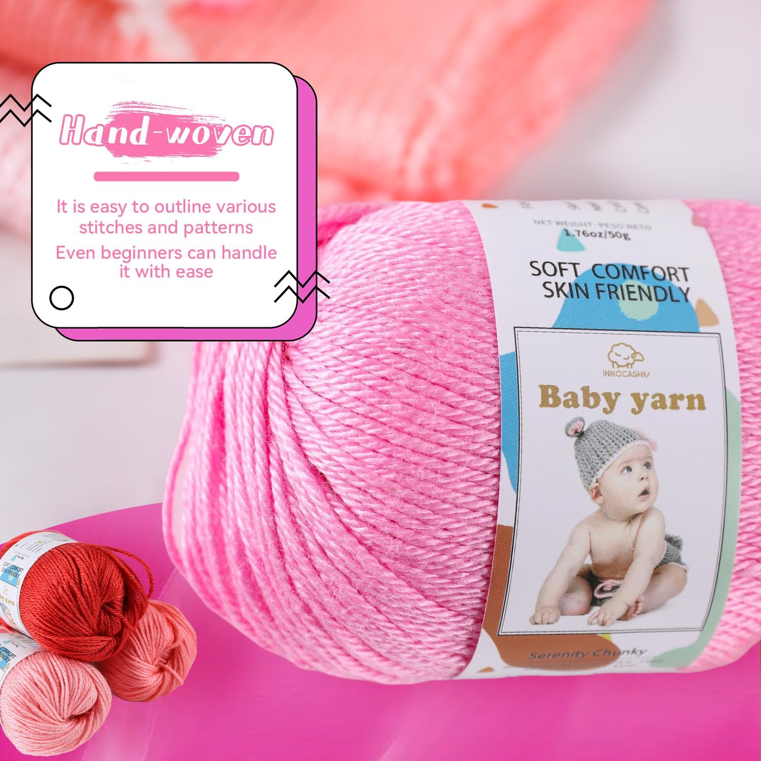 Merino Wool Blend Baby Yarn - Soft Feel Crochet Yarn for Beginners & Newborns - 50g/160 Yards per Ball (2-Ball Pack) (Pink Orange)
