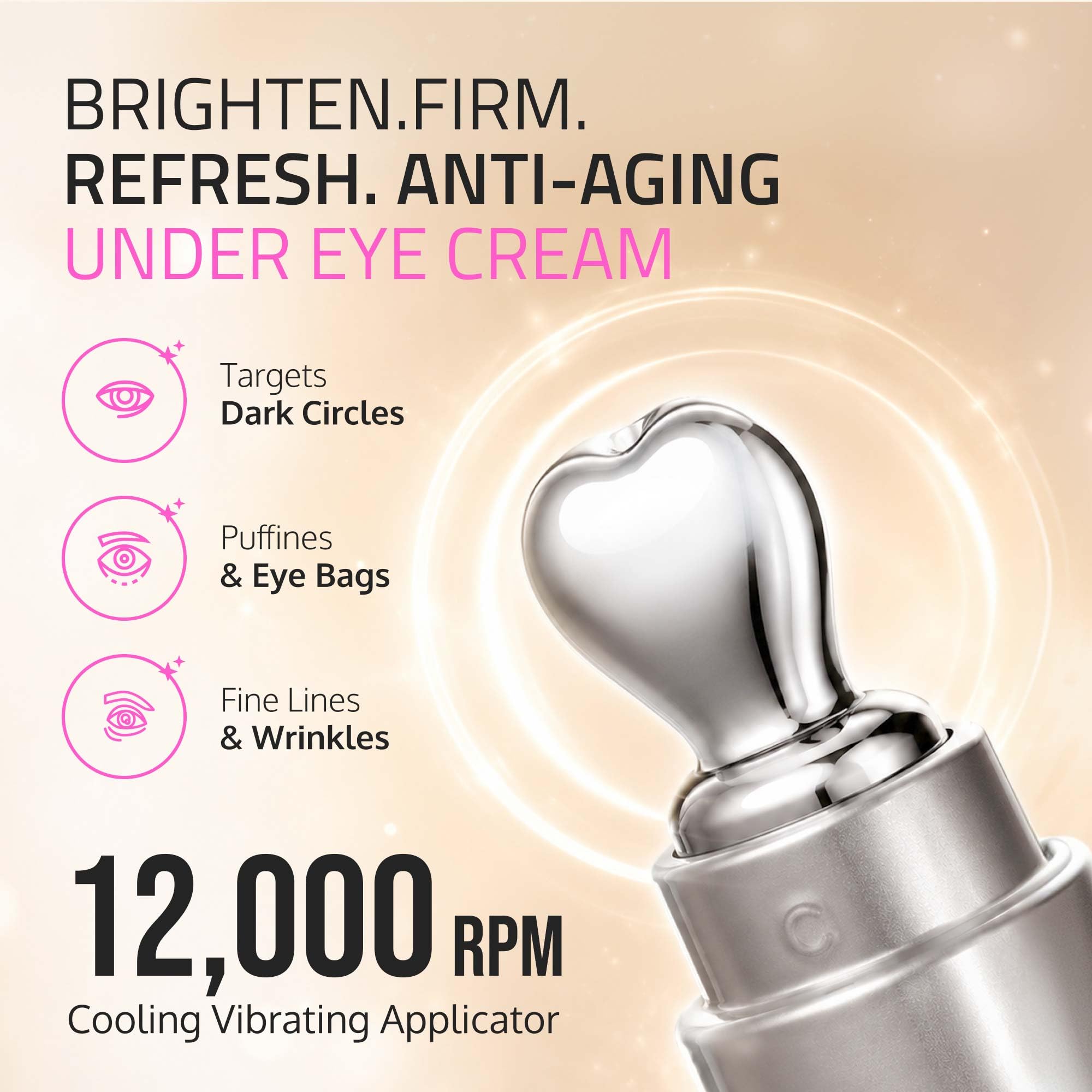 Cosmetisse Anti Aging Eye Cream for Dark Circles & Puffiness - Vibrating Metal Massager Applicator for Under Eye Bags & Wrinkles - Firming Snail Mucin, 20ml/0.68oz