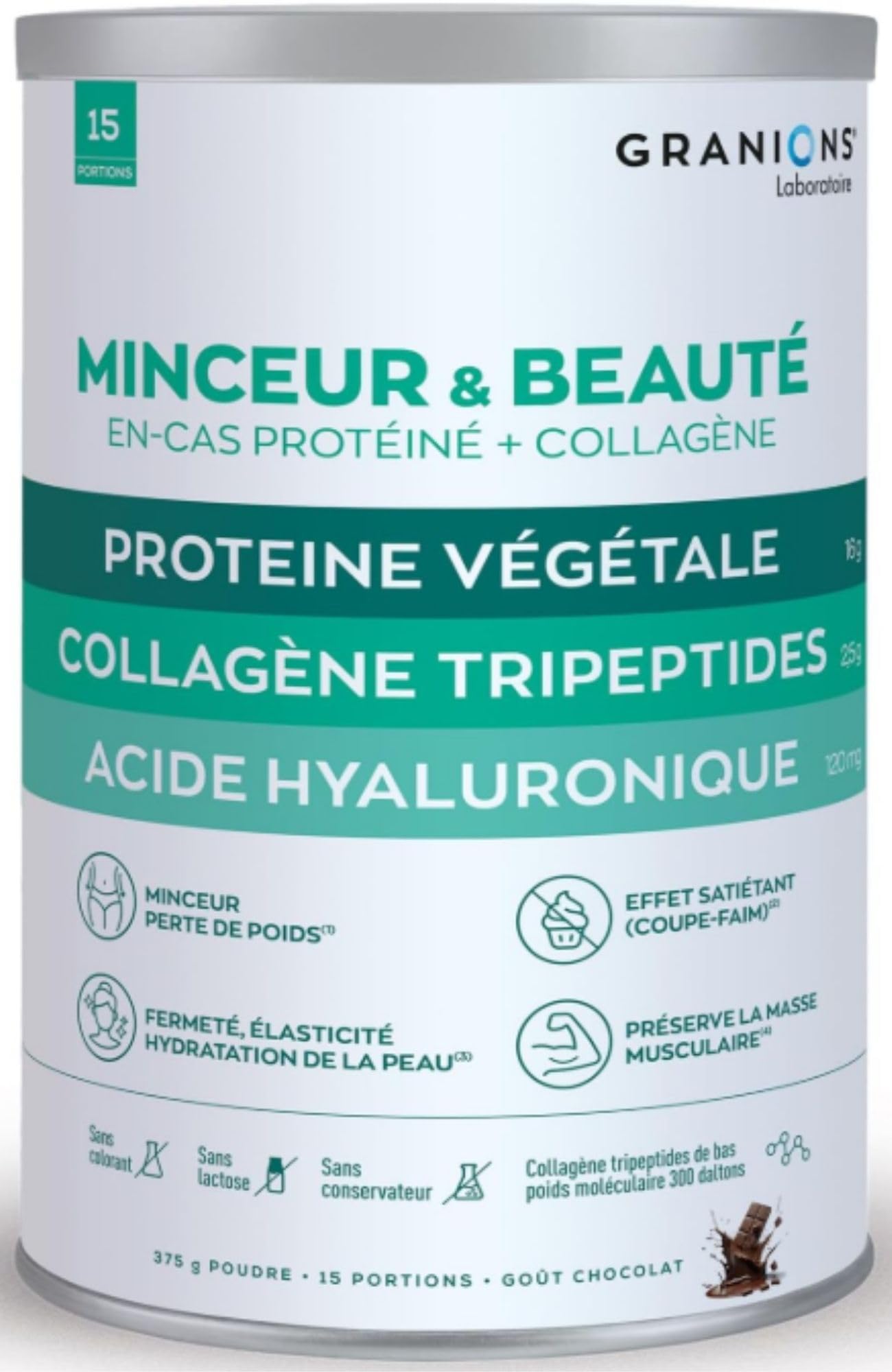 GRANIONS Collagene Marin Proteine Vegetale - Minceur & Beauté - Collagene Marin, Acide hyaluronique, Zinc, Vitamine C, Vitamine B12 - Coupe faim + Brule Graisse + Perte de poids -Goût chocolat, 375g
