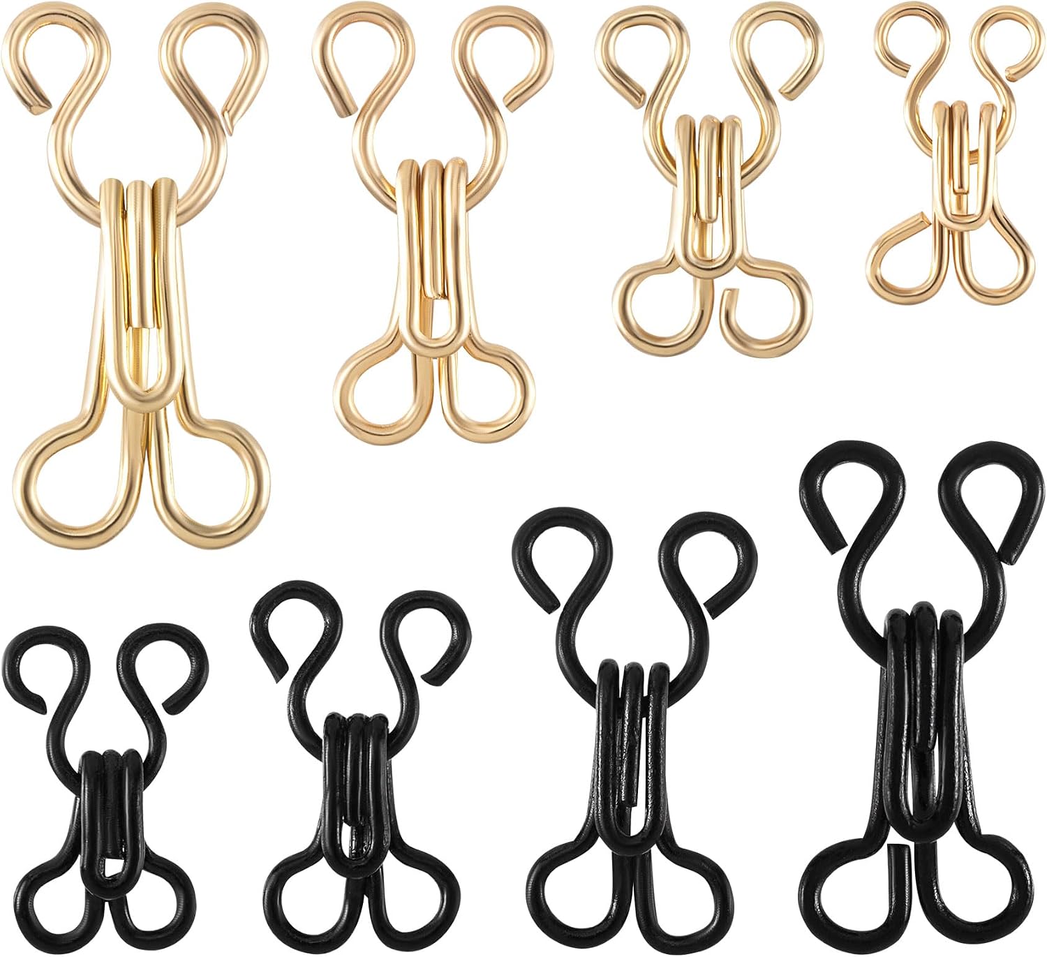 CustomyLife 80pcs Sewing Hooks and Eyes Closure, Metal Bra Hooks Replacement, 4 Sizes Sewing Accessories for Clothing Skirt Trousers DIY Craft- Gold & Black