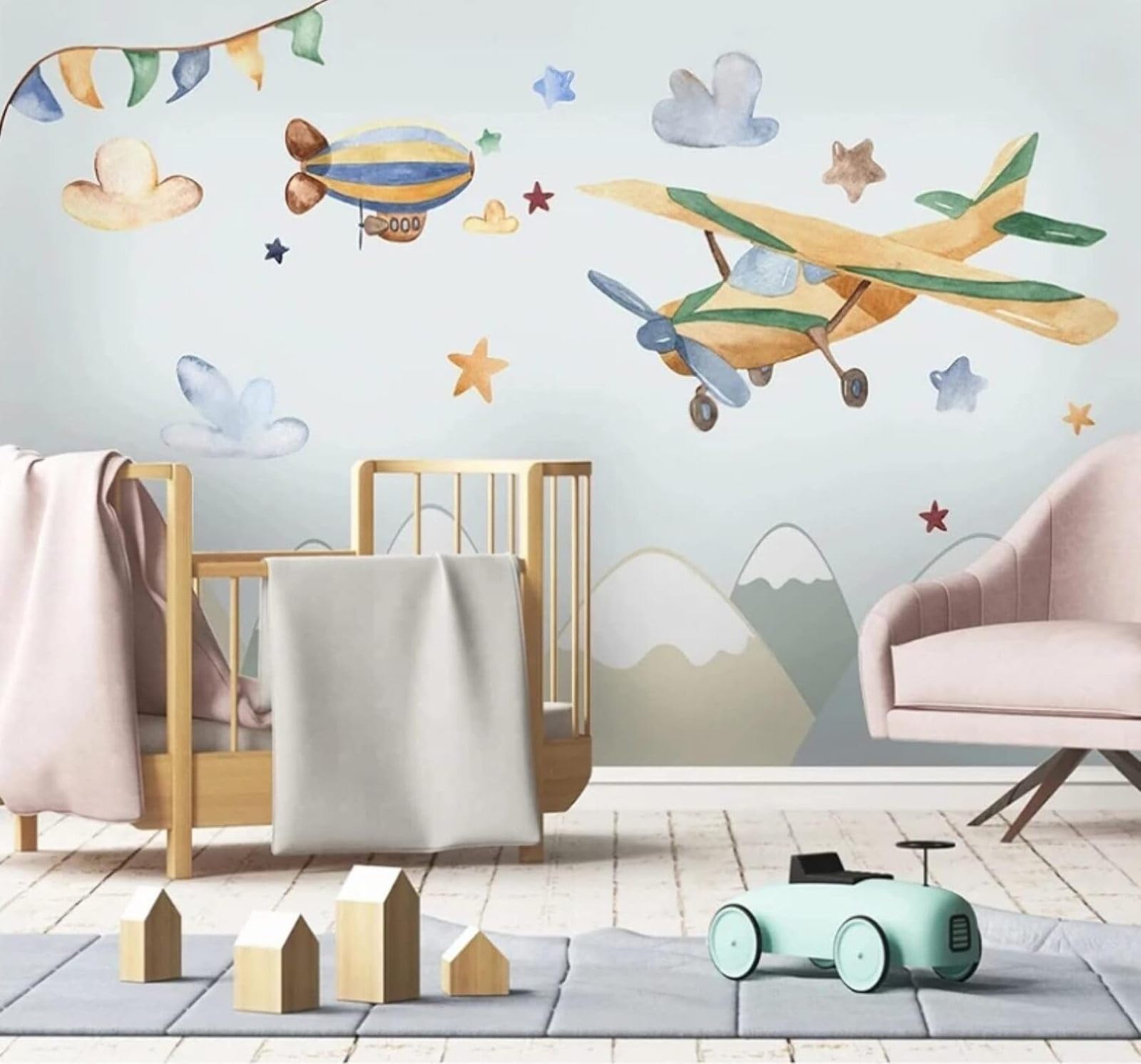 Cartoon Mountains Aeroplane Hot Air Balloon Starry Sky 3D Wallpaper Easy Install Feature Office Living Room Sofa Bedroom TV Background Wall Decoration-250cm×170cm