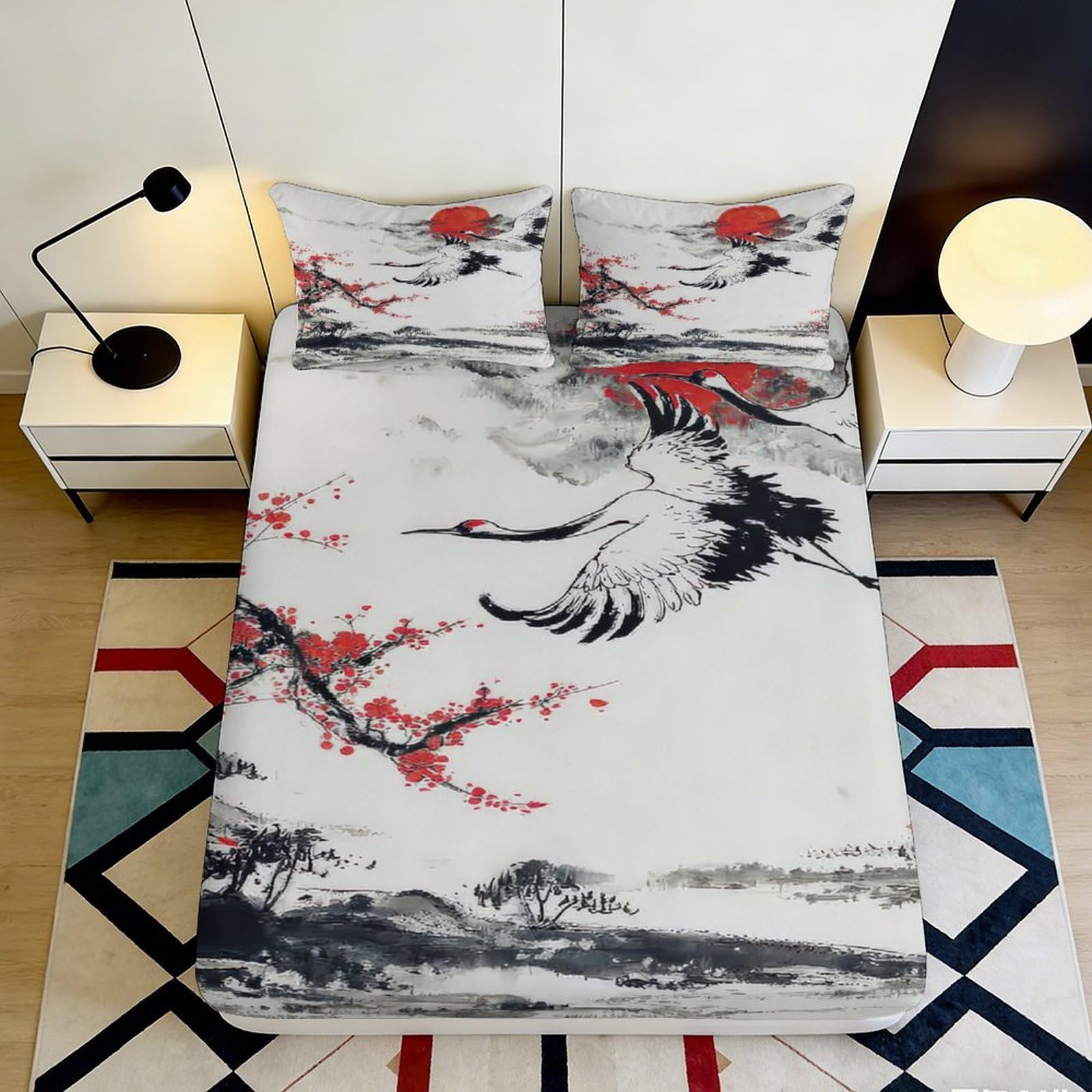 3D Printed Crane and Cherry Blossom Fitted Sheet Microfiber Soft Bed Cover for Bedroom Decor Mattress Protection 90x200x25cm