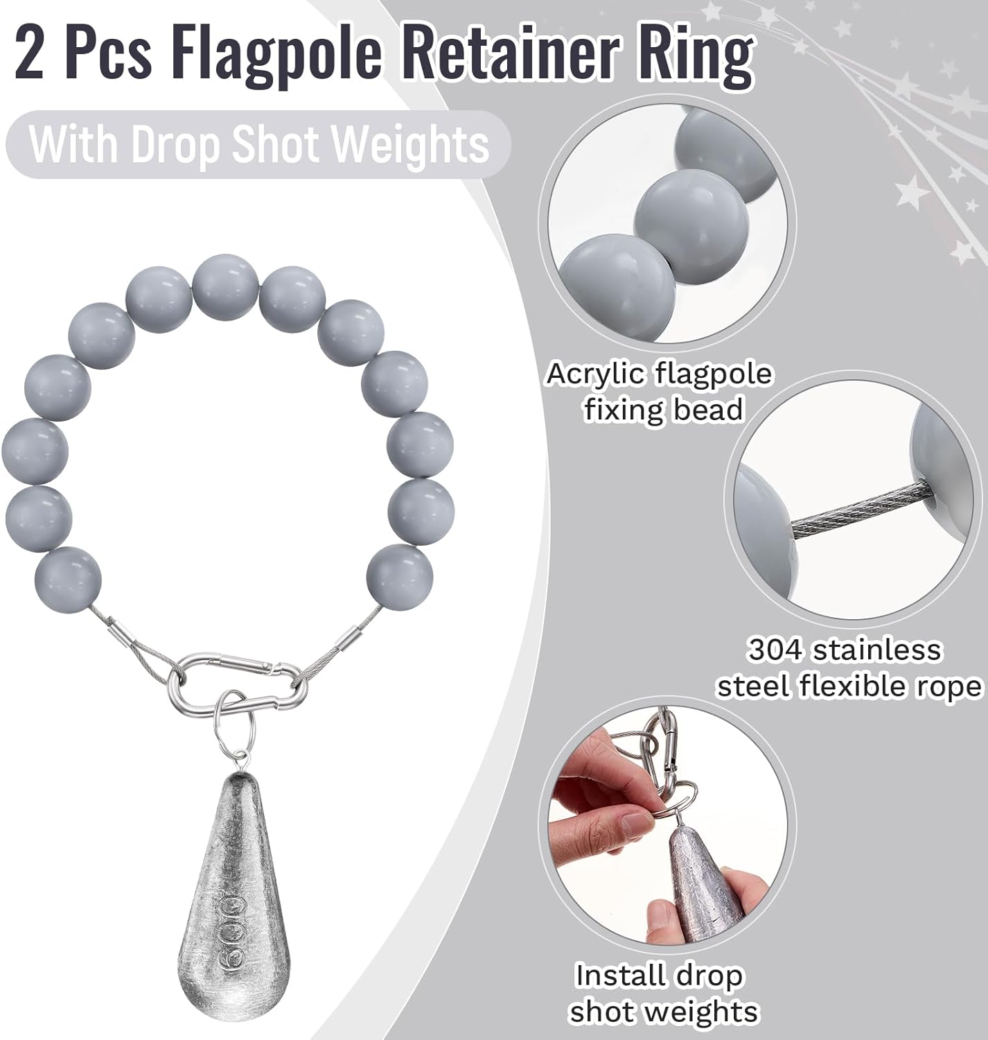2 Pcs Flag Pole Beaded Retainer Rings & 1.3 lb Flag Weights Flagpole Accessories Stainless Steel Tether and Weight for Internal Halyard System Flagpole Bottom Mount (Grey)